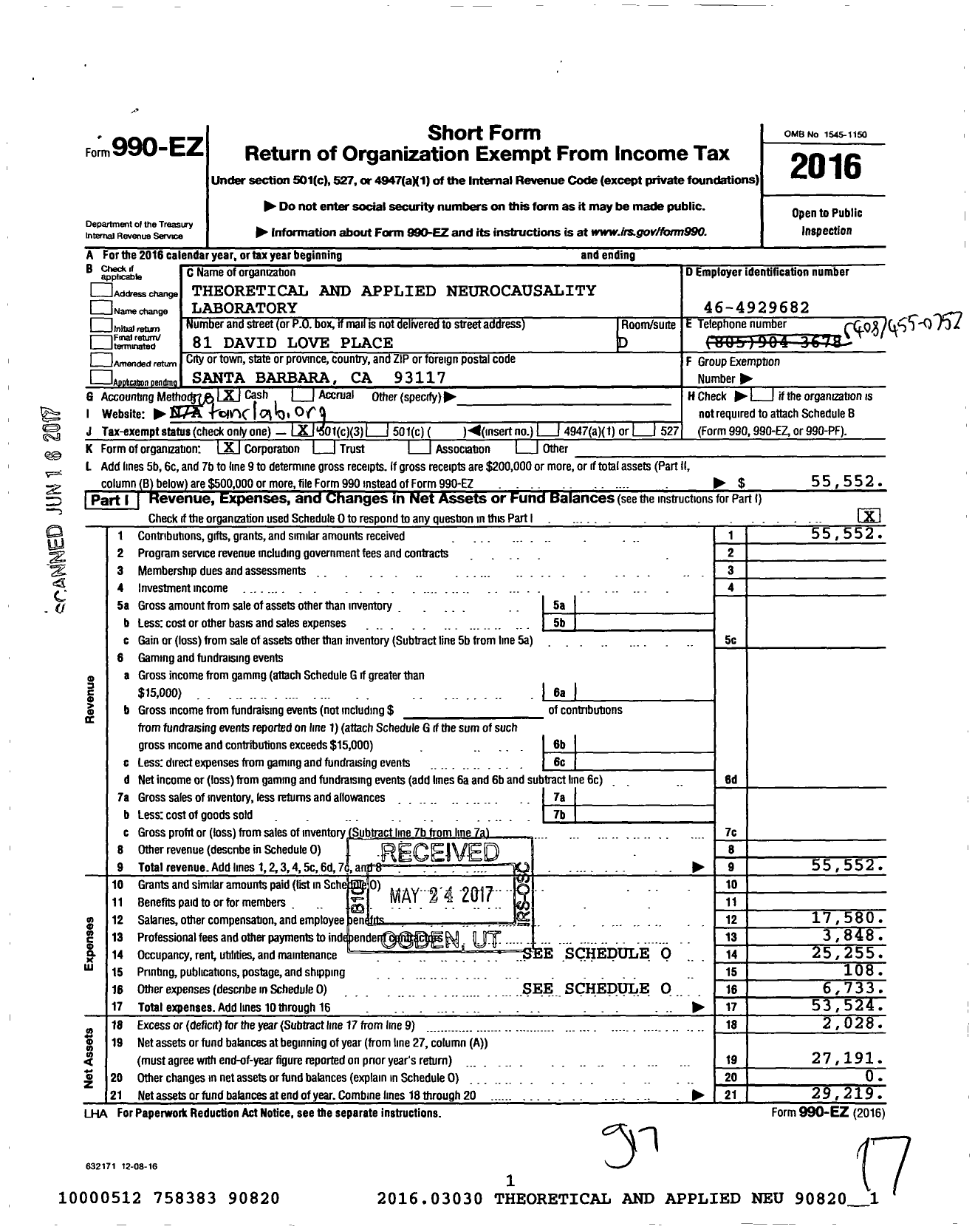 Image of first page of 2016 Form 990EZ for Theoretical and Applied Neurocausality Laboratory