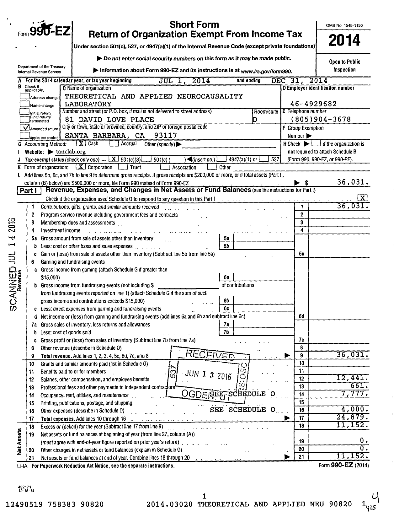 Image of first page of 2014 Form 990EZ for Theoretical and Applied Neurocausality Laboratory