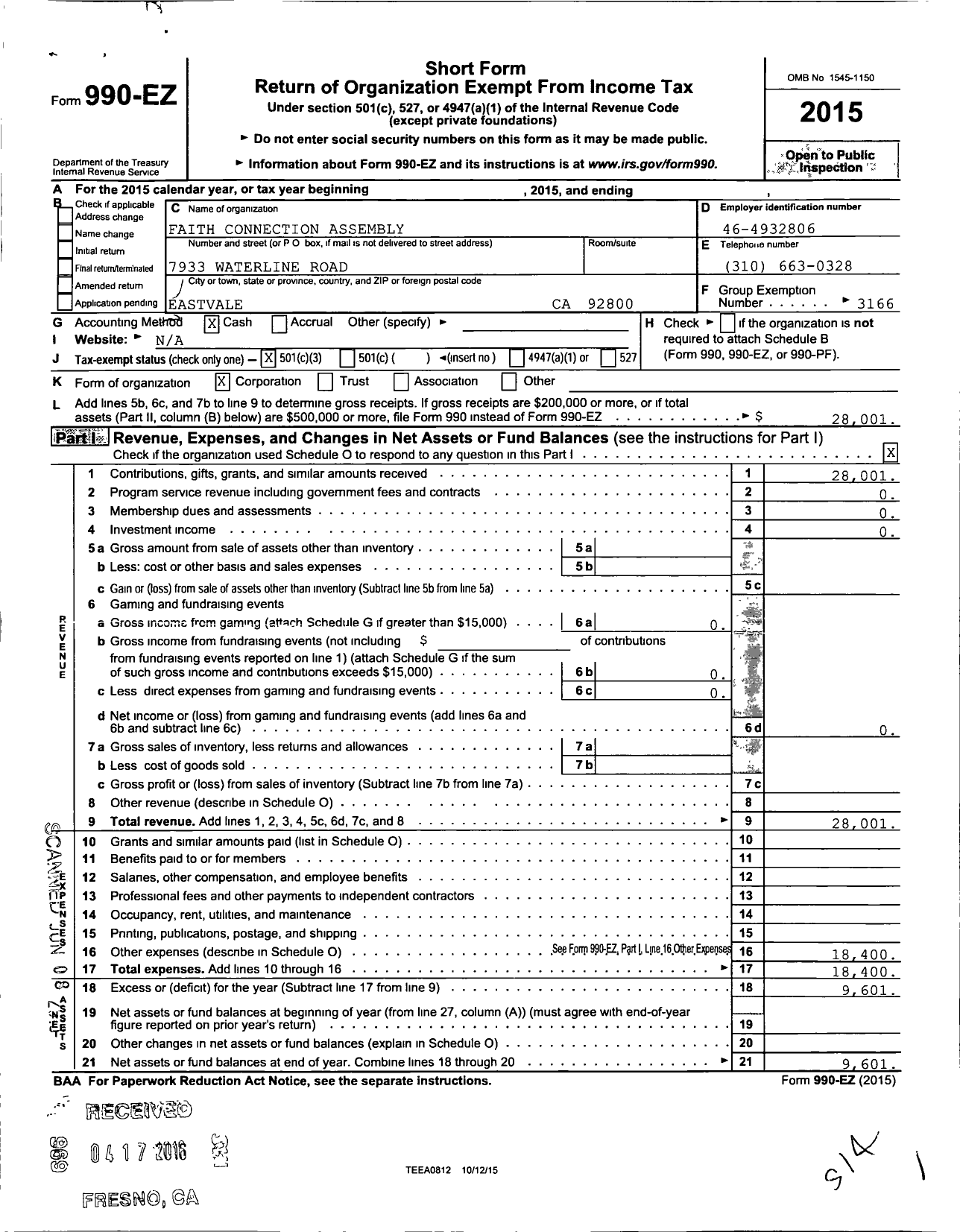 Image of first page of 2015 Form 990EZ for Faith Connection Assembly