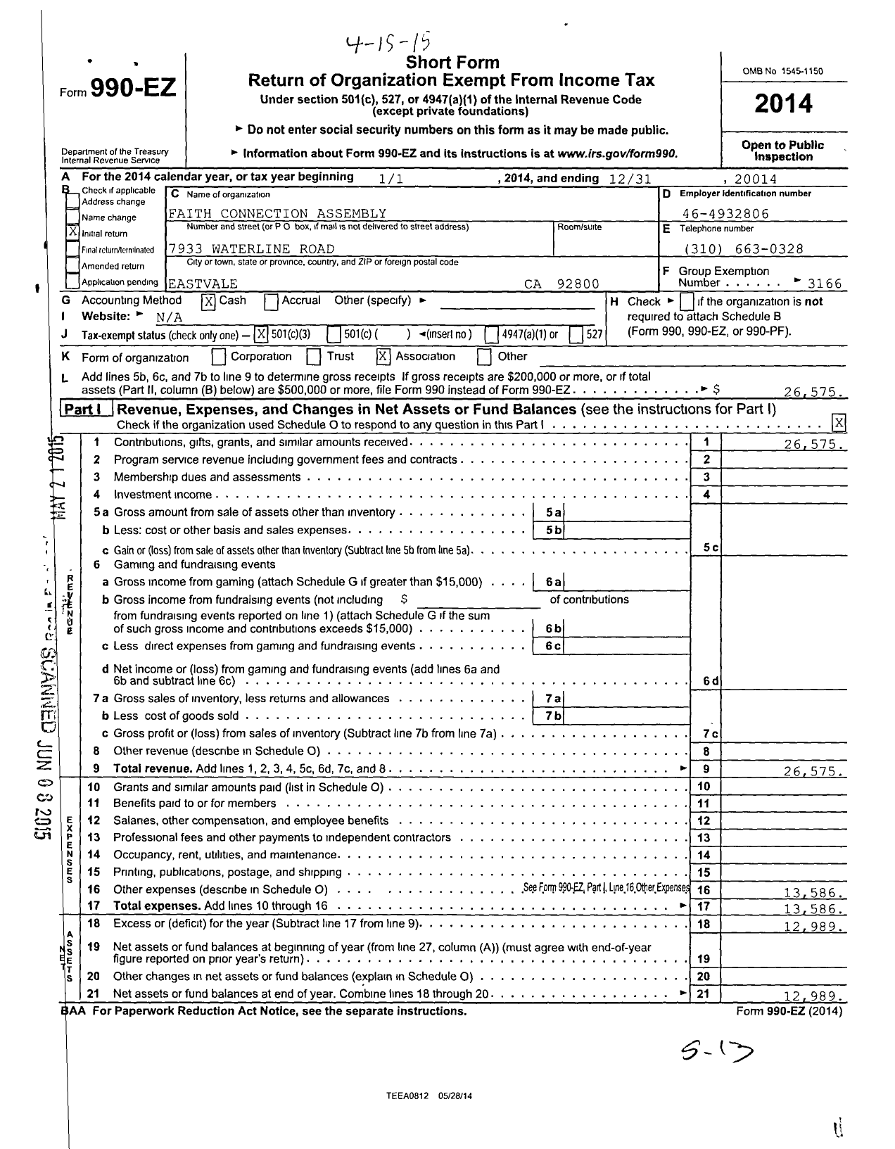 Image of first page of 2014 Form 990EZ for Faith Connection Assembly