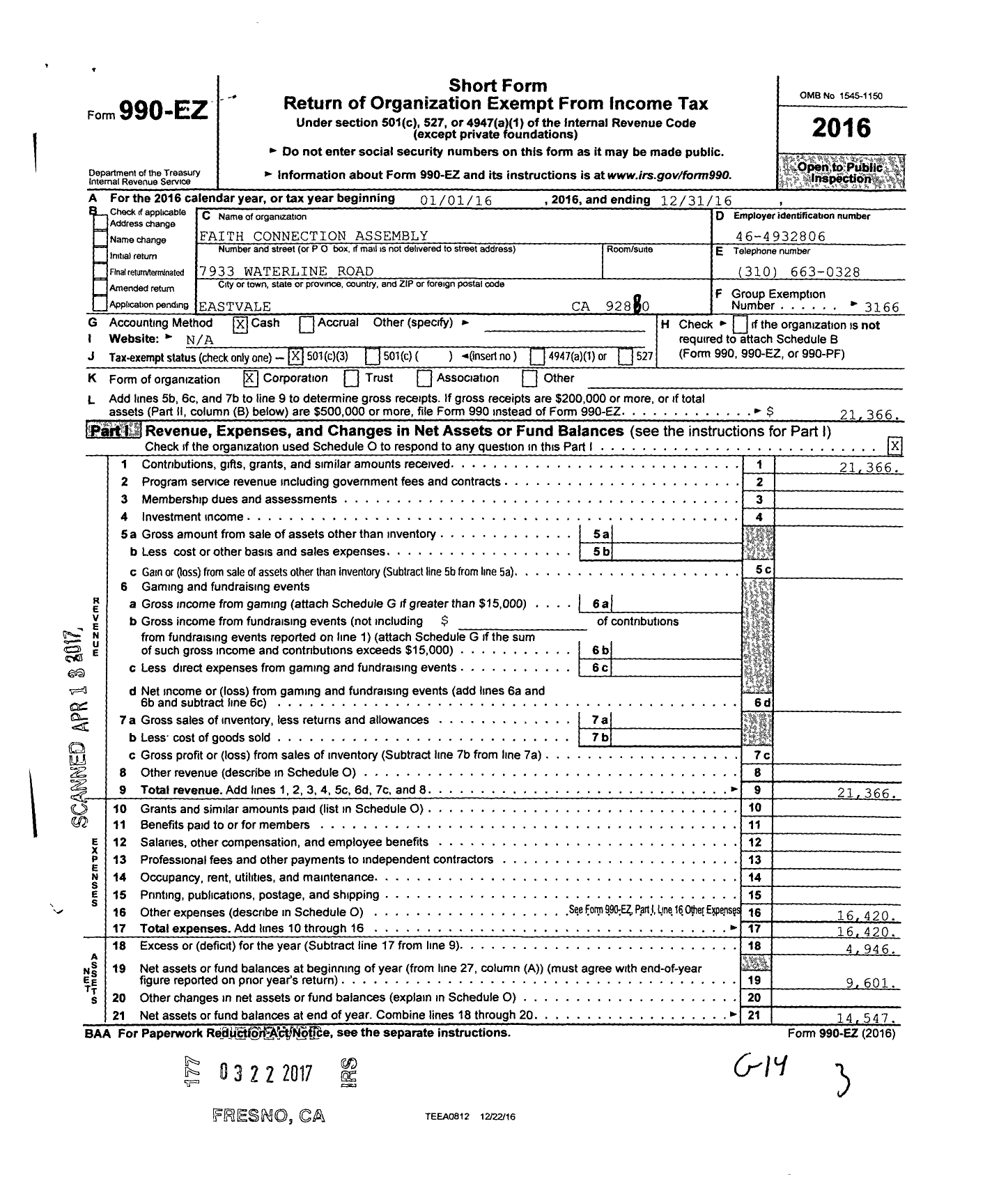 Image of first page of 2016 Form 990EZ for Faith Connection Assembly