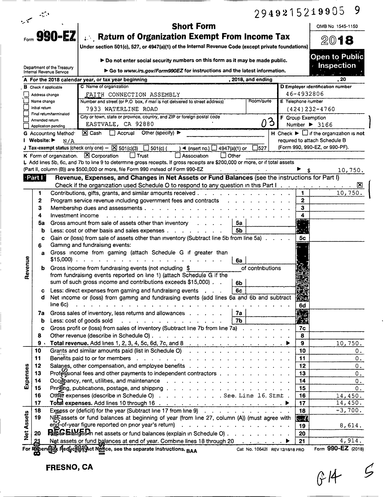 Image of first page of 2018 Form 990EZ for Faith Connection Assembly