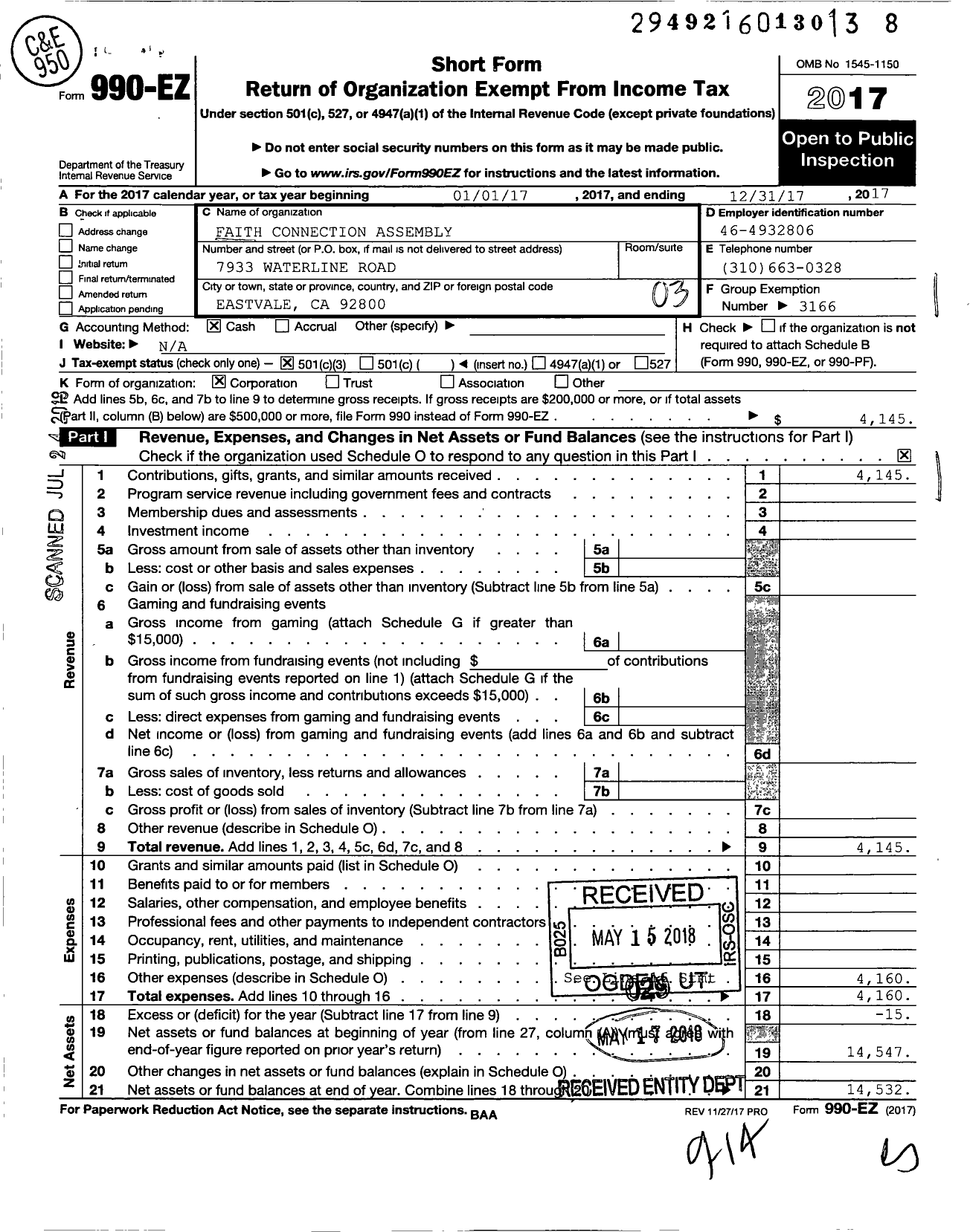 Image of first page of 2017 Form 990EZ for Faith Connection Assembly