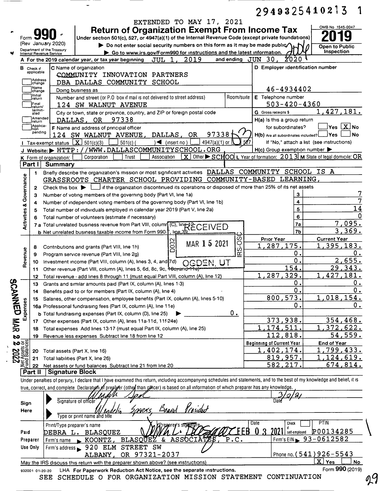 Image of first page of 2019 Form 990 for Dallas Community School