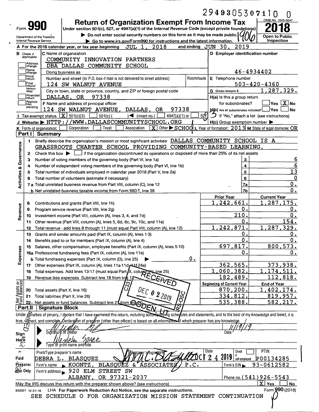 Image of first page of 2018 Form 990 for Dallas Community School