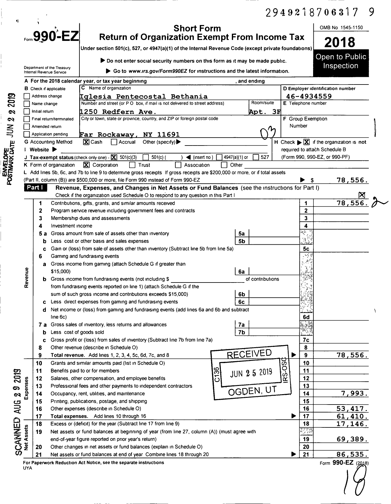 Image of first page of 2018 Form 990EZ for Iglesia Pentecostal Bethania