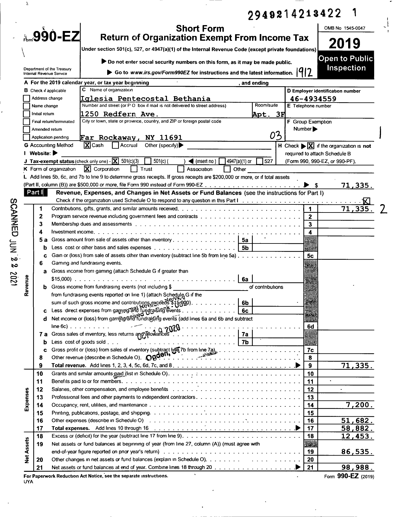 Image of first page of 2019 Form 990EZ for Iglesia Pentecostal Bethania