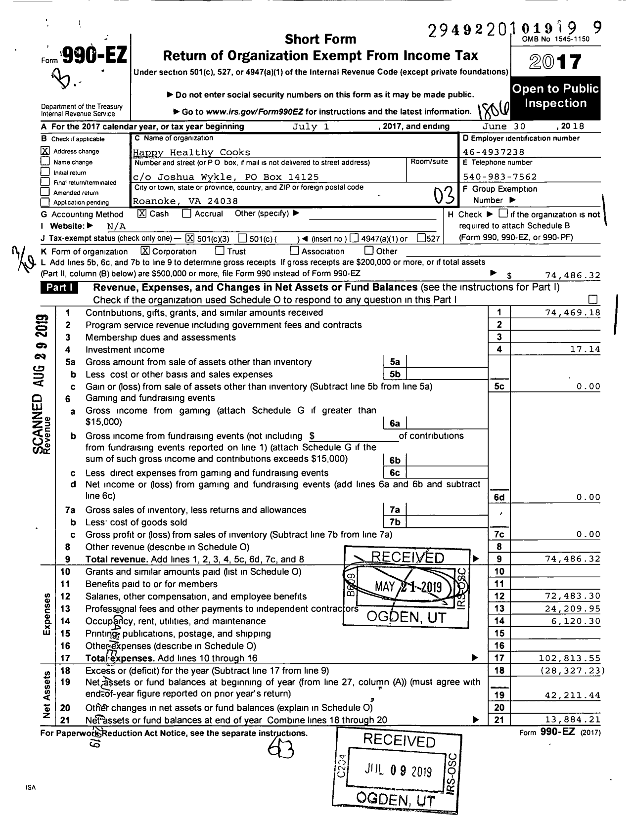 Image of first page of 2017 Form 990EZ for Happy Healthy Cooks