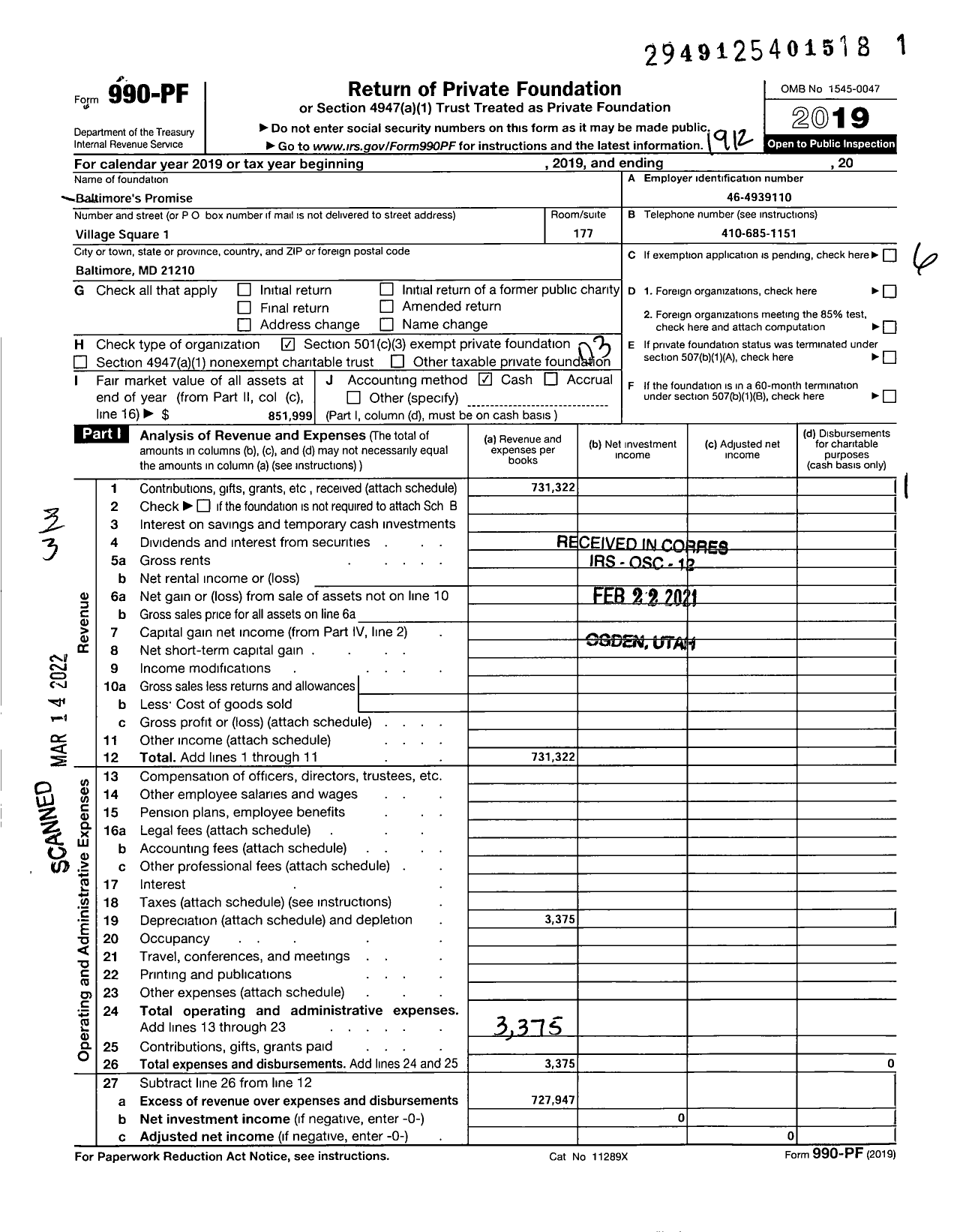 Image of first page of 2019 Form 990PF for Baltimores Promise