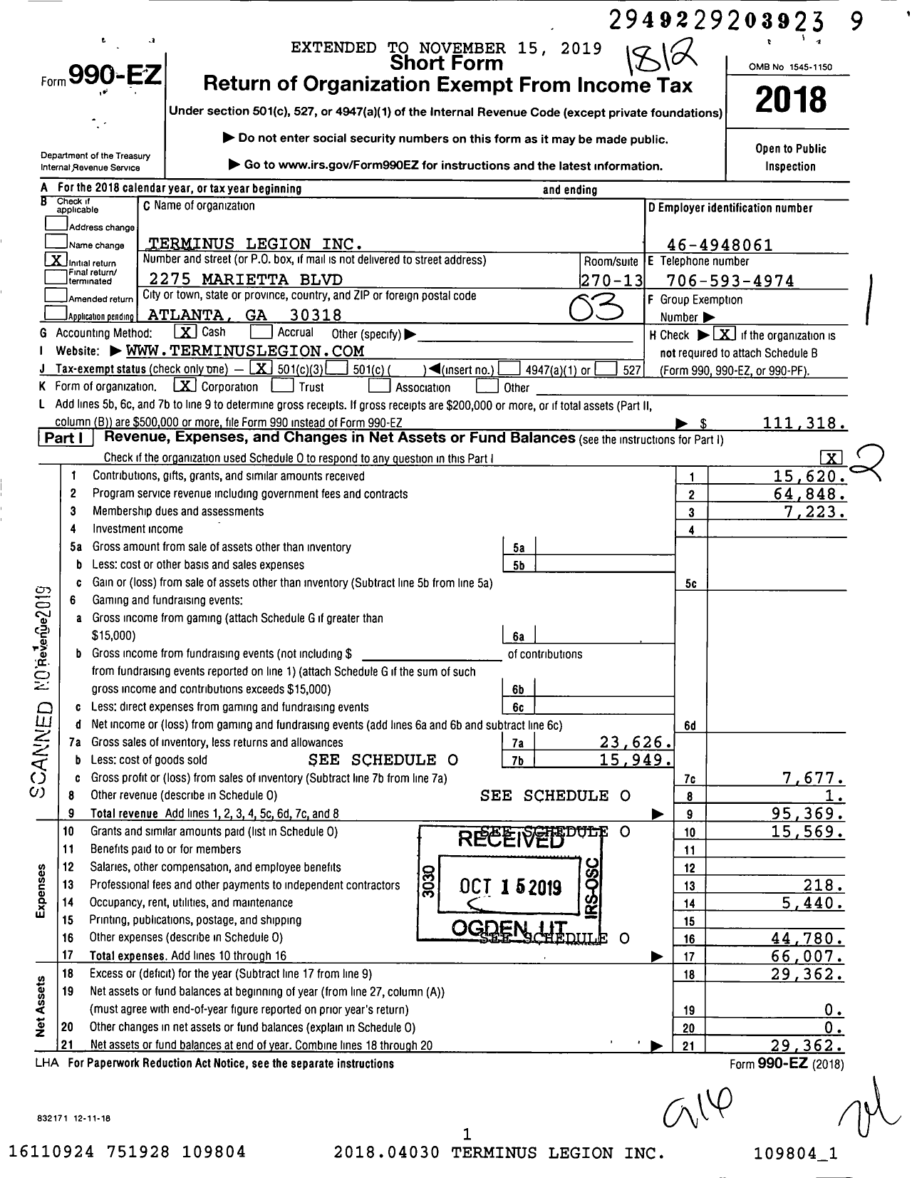 Image of first page of 2018 Form 990EZ for Terminus Legion