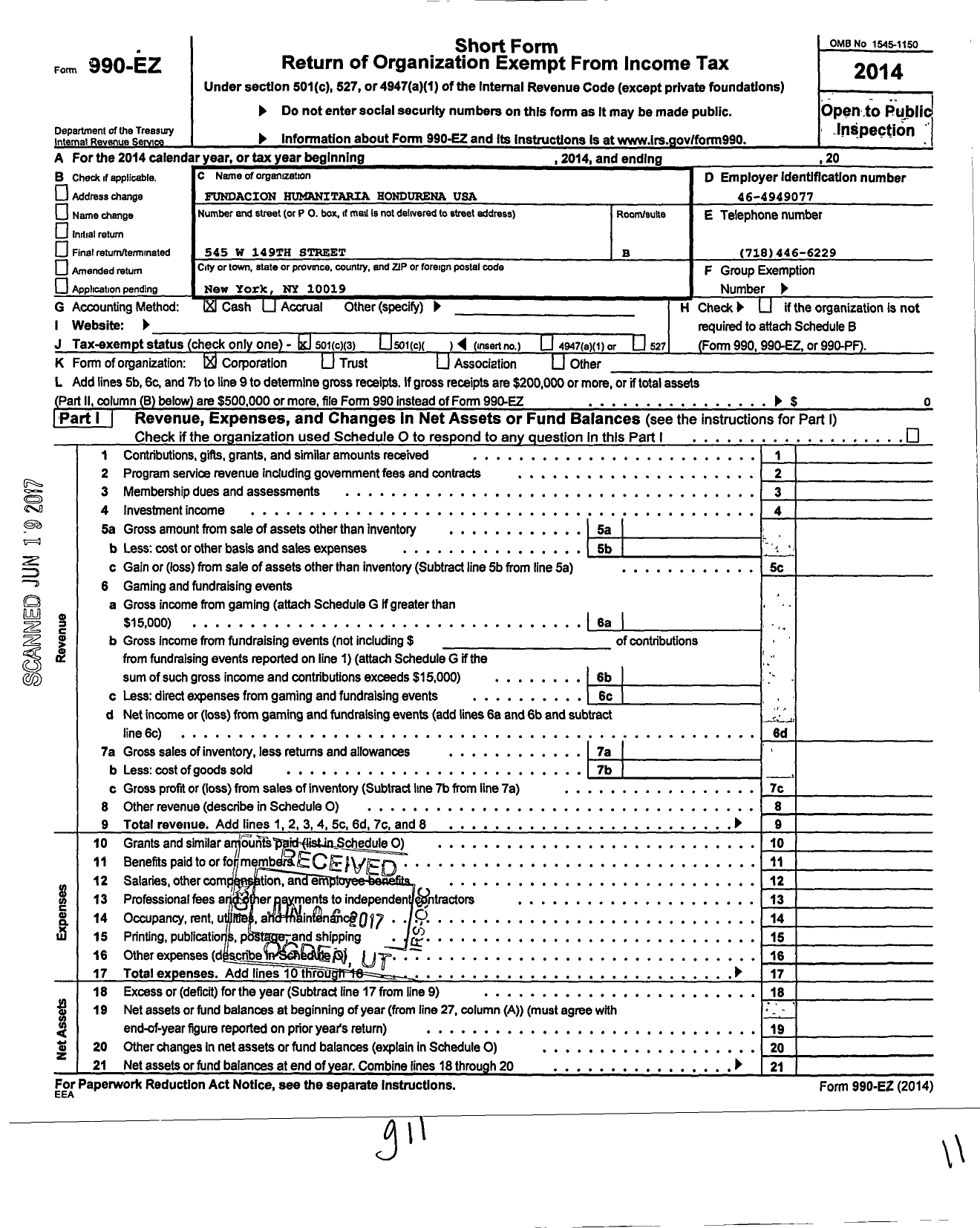 Image of first page of 2014 Form 990EZ for Fundacion Humanitaria Hondurena USA