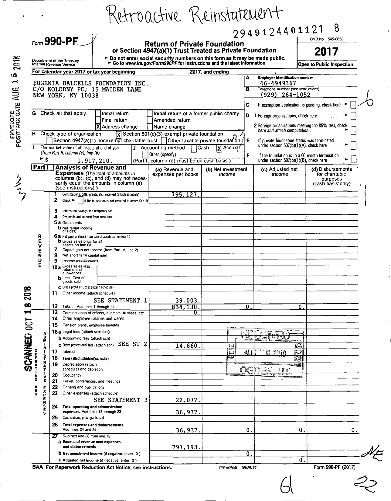 Image of first page of 2017 Form 990PF for Eugenia Balcells Foundation