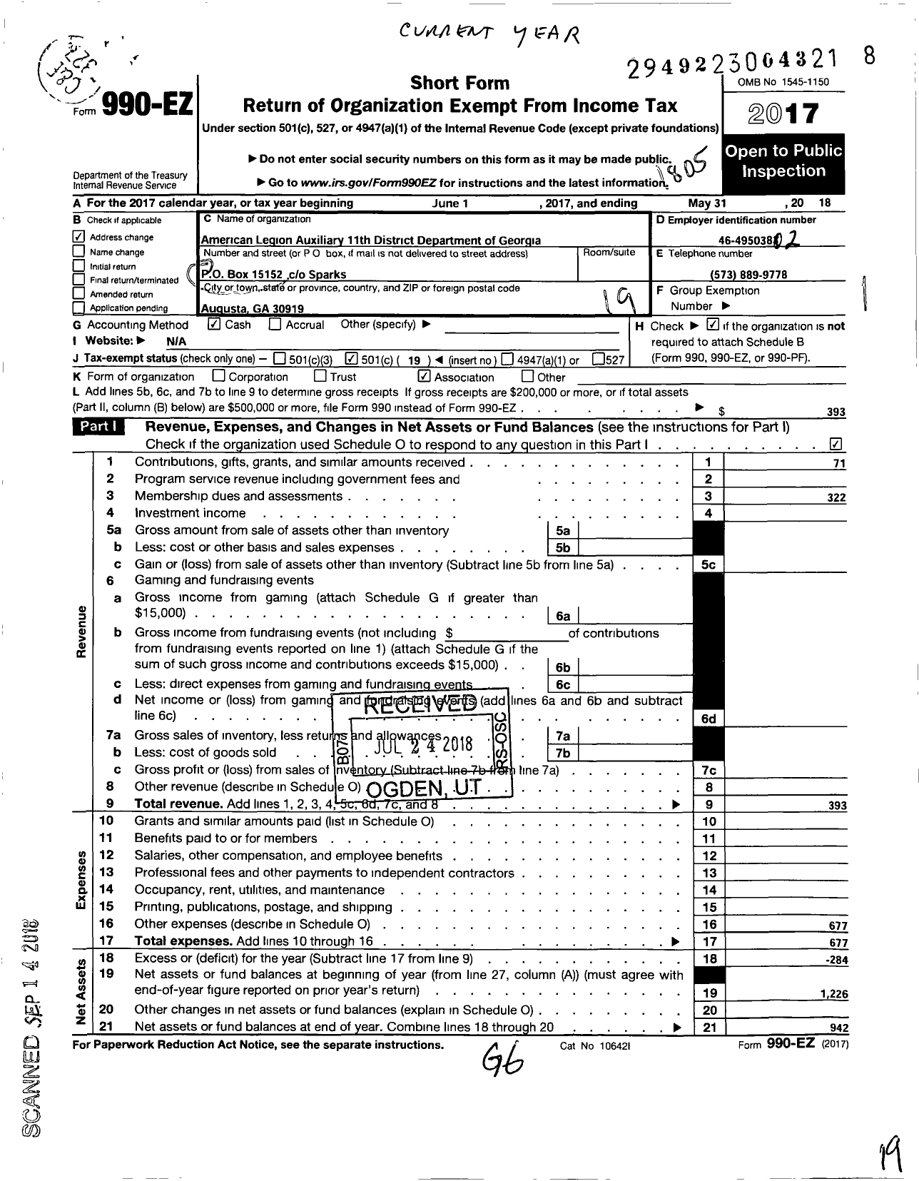 Image of first page of 2017 Form 990EO for American Legion Auxiliary - District 11