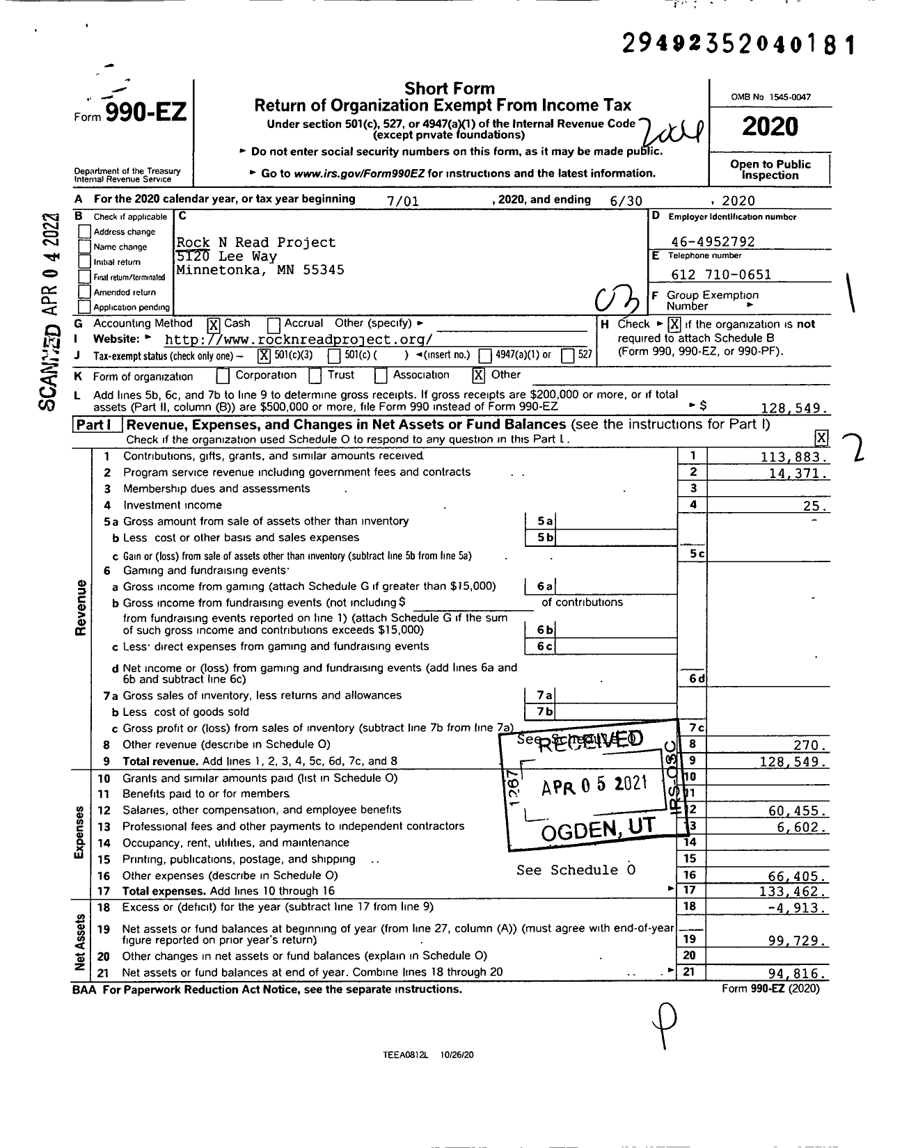 Image of first page of 2019 Form 990EZ for Rock N Read Project