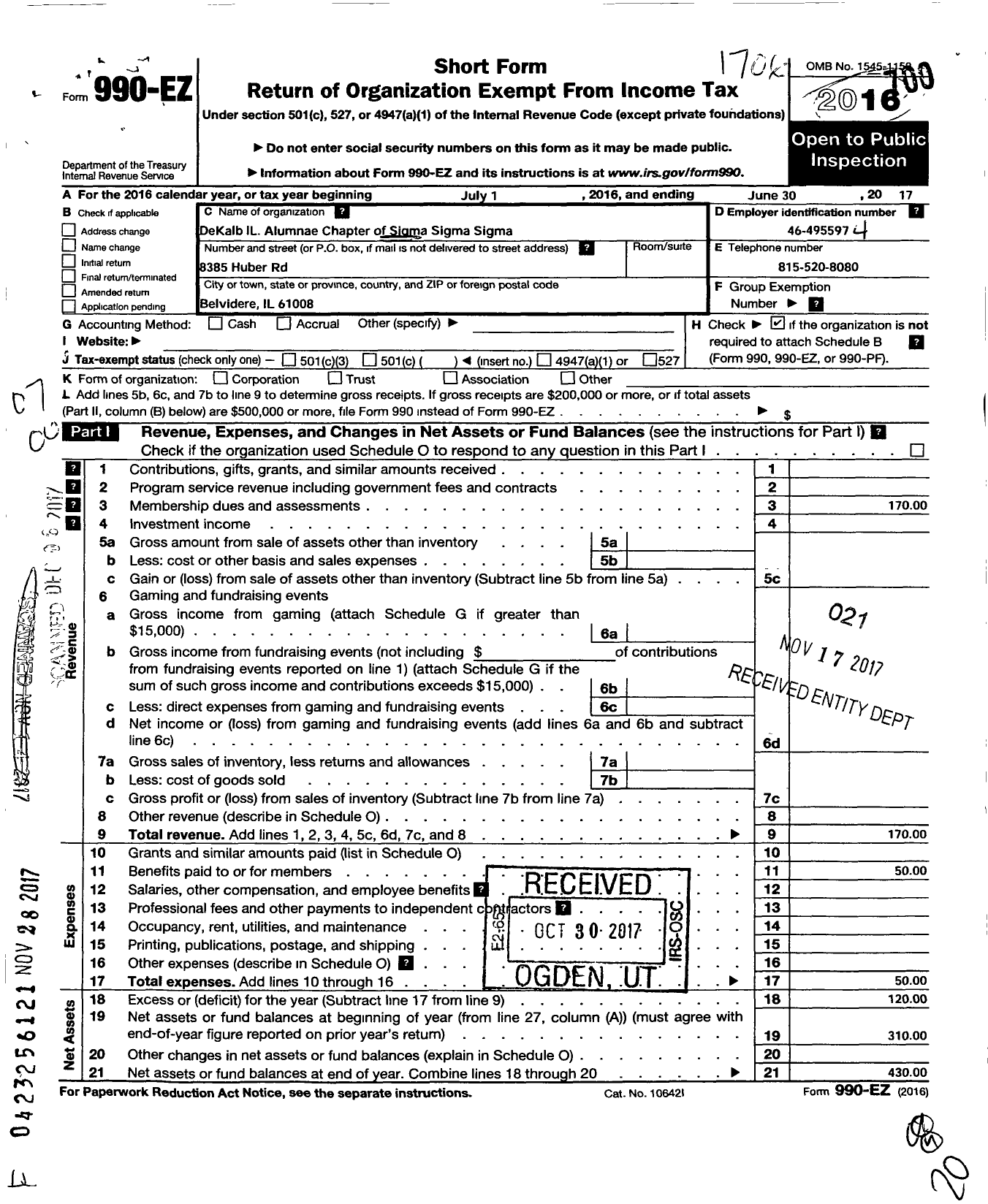 Image of first page of 2016 Form 990EO for Sigma Sigma Sigma / Dekalb Il Alumnae Chapter