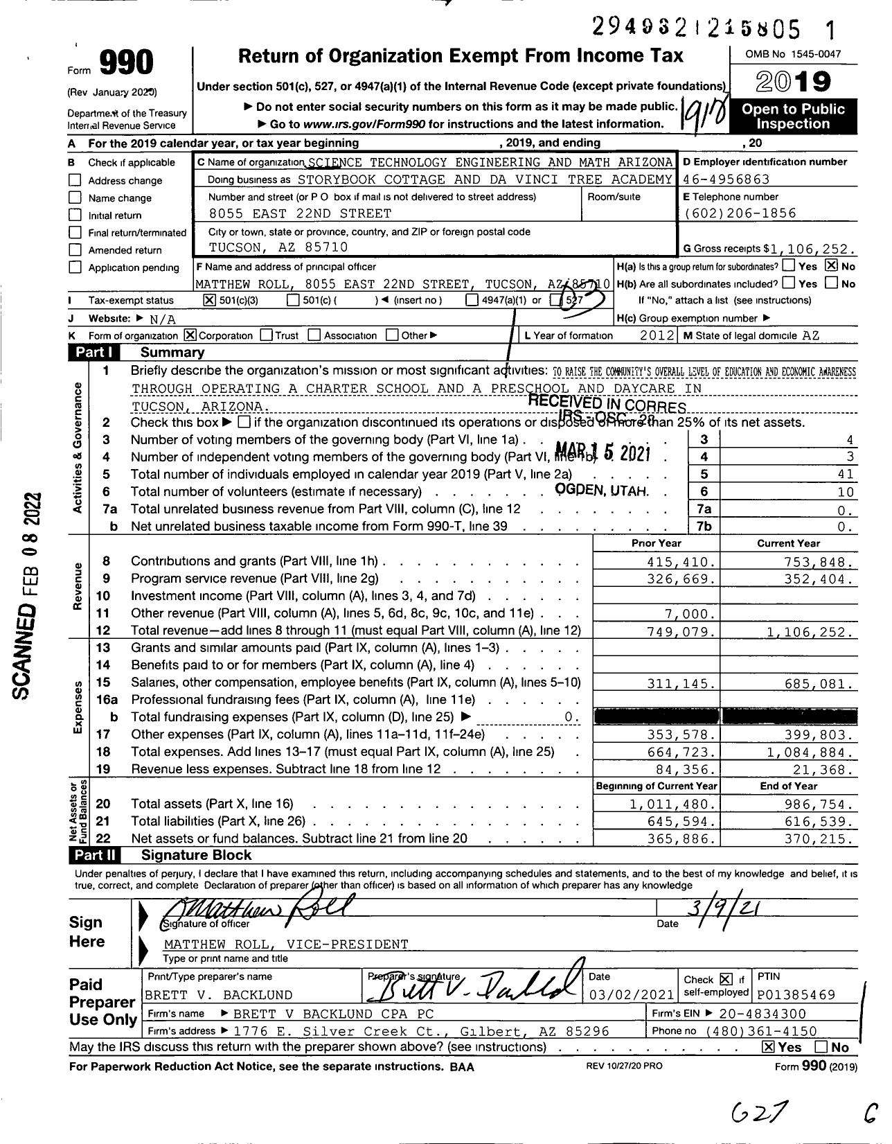 Image of first page of 2019 Form 990 for Da Vinci Tree Academy