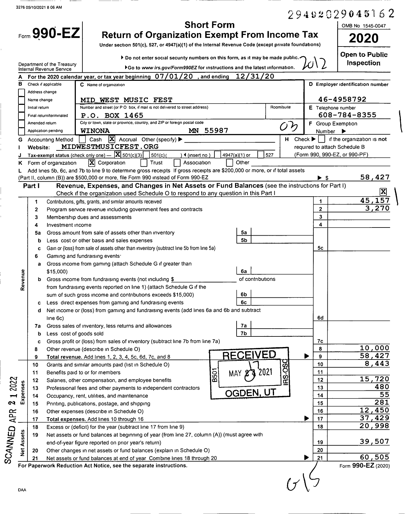 Image of first page of 2020 Form 990EZ for Mid West Music Fest