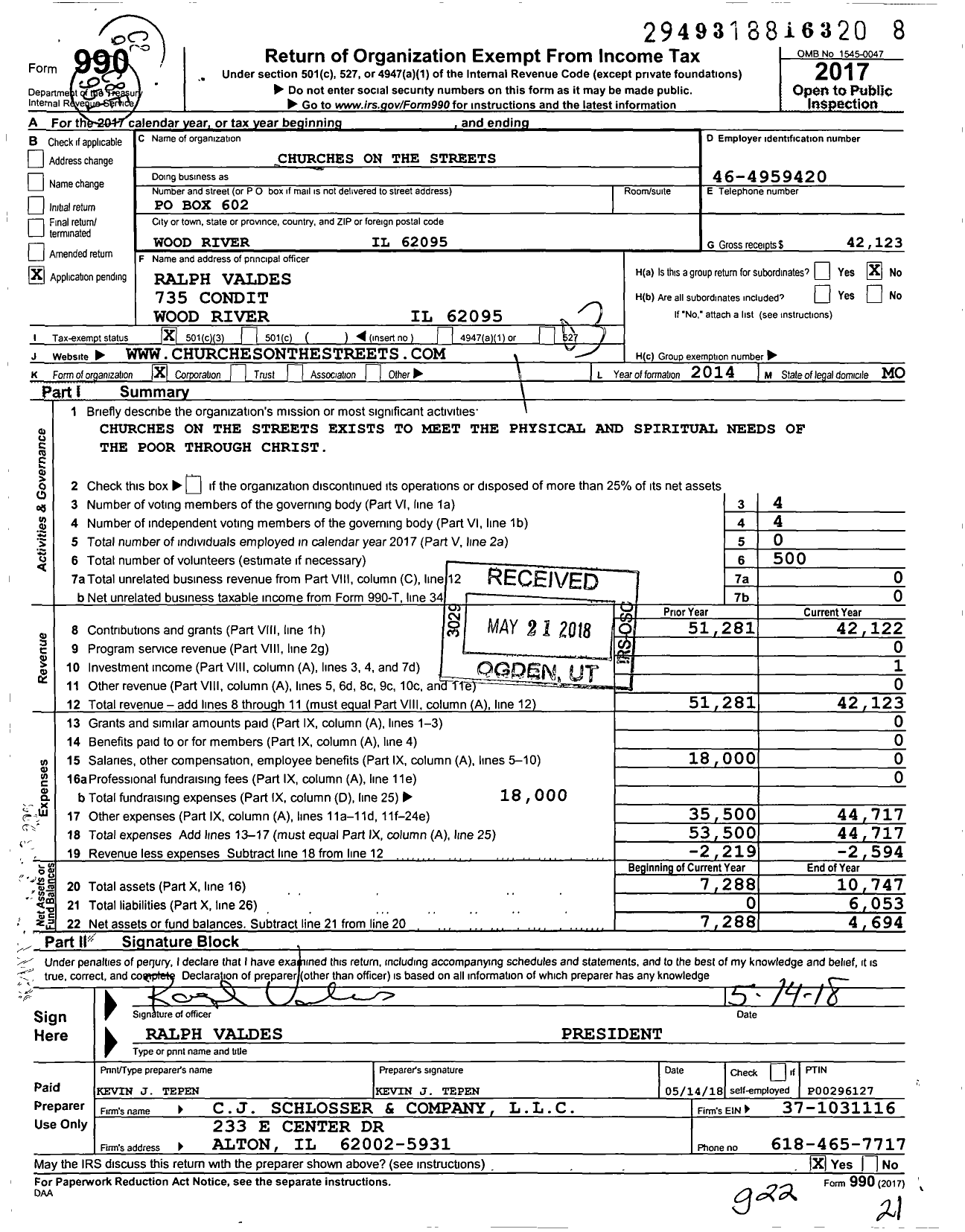 Image of first page of 2017 Form 990 for Churches on the Streets