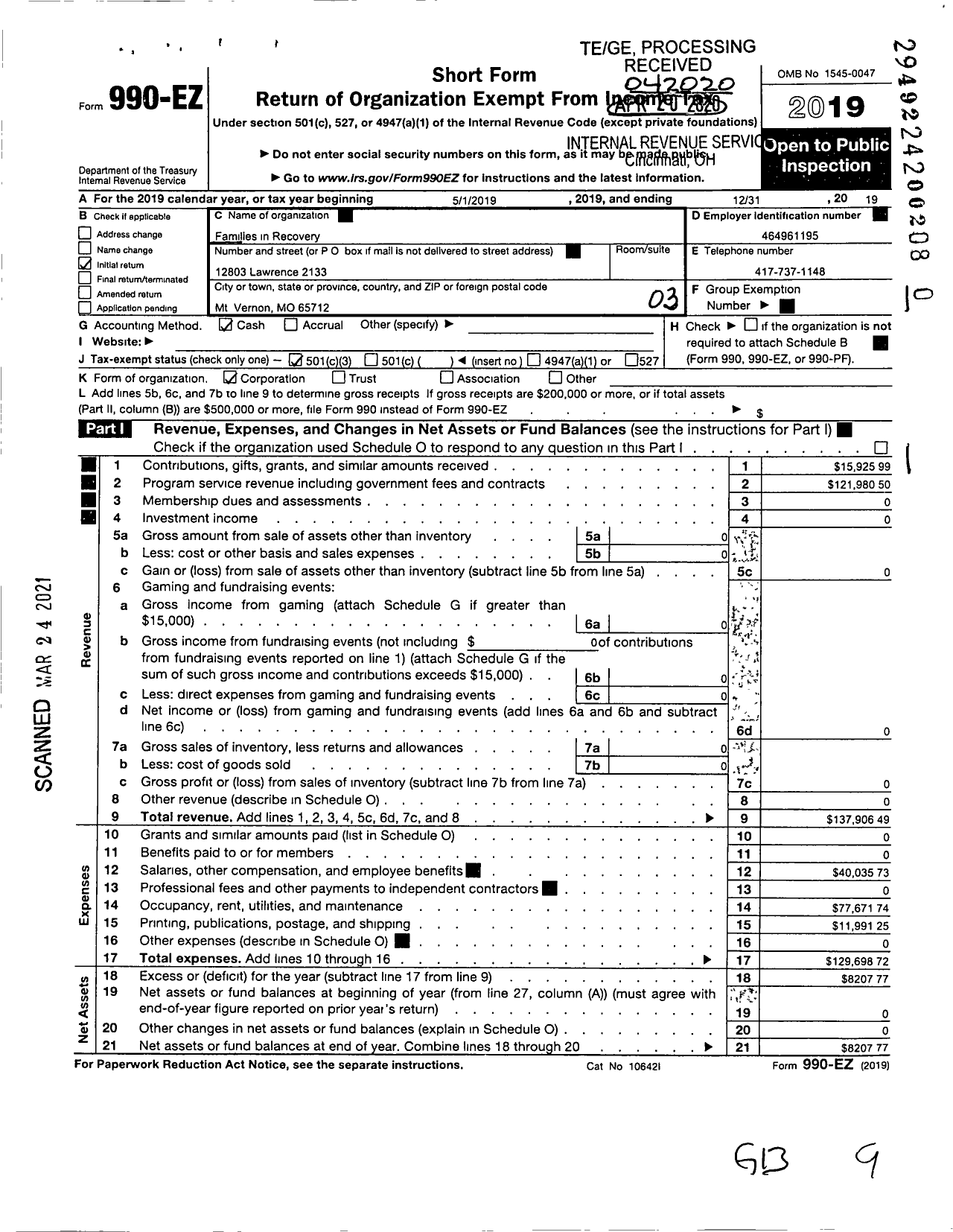 Image of first page of 2019 Form 990EZ for Families in Recovery