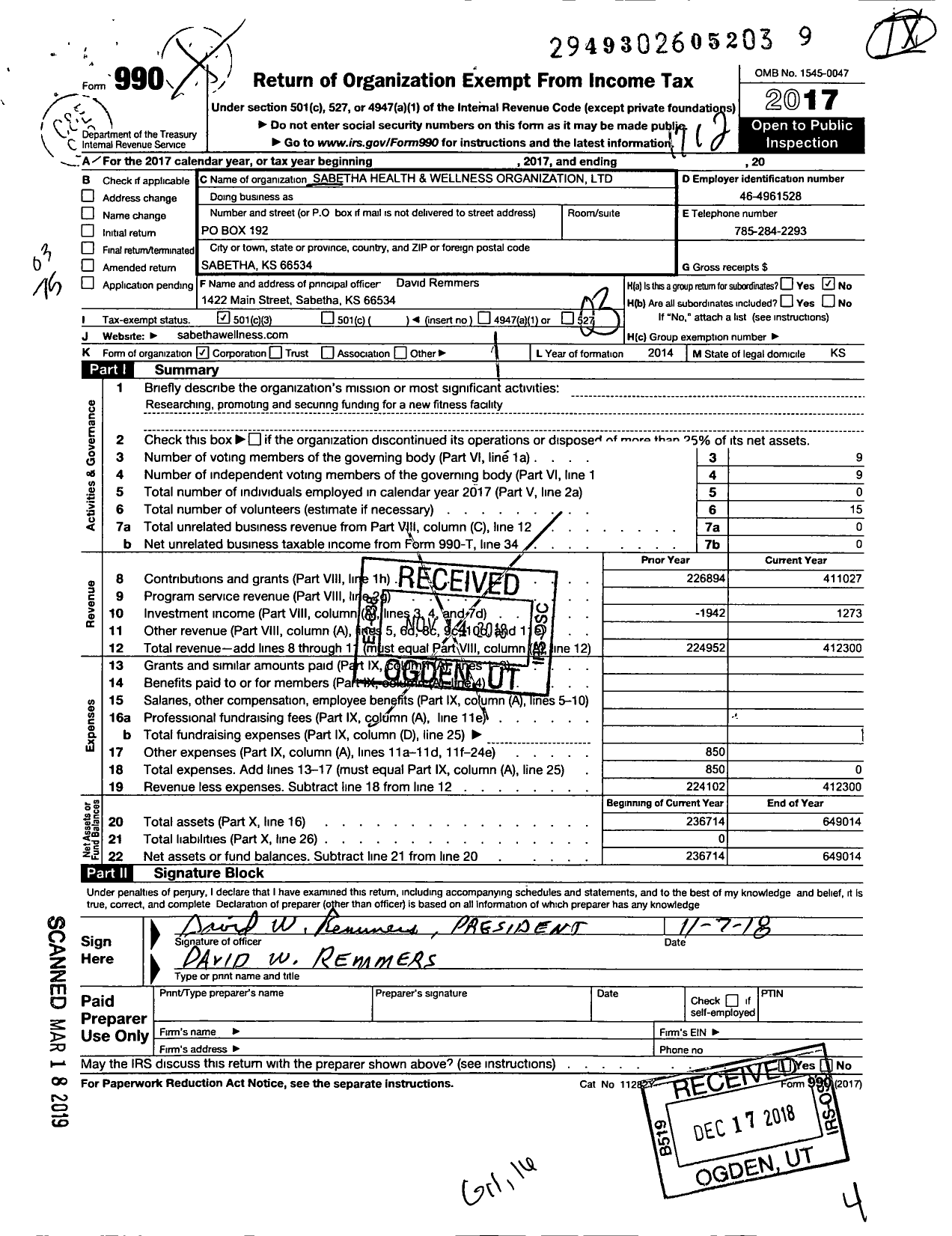 Image of first page of 2017 Form 990 for Sabetha Health and Wellness Organization