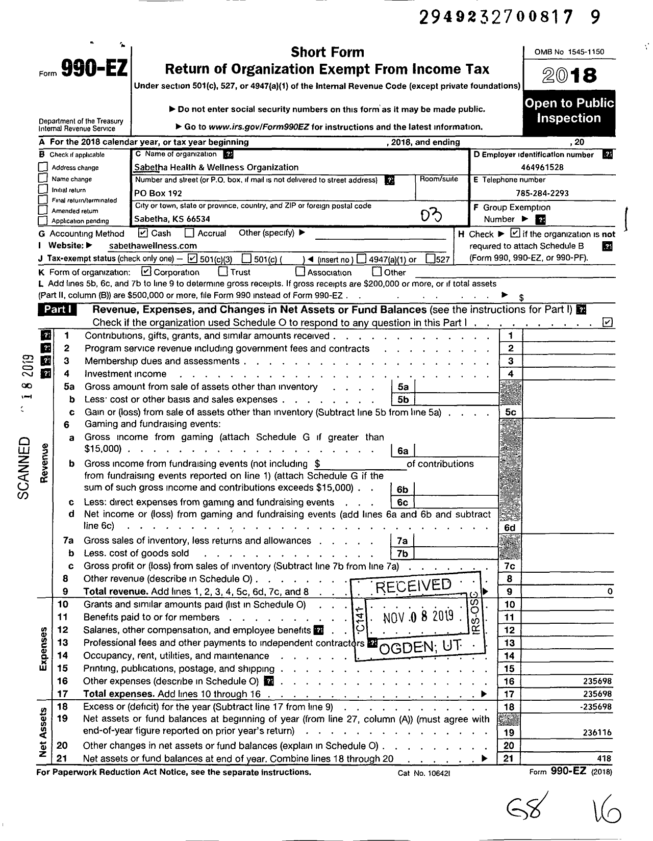 Image of first page of 2018 Form 990EZ for Sabetha Health and Wellness Organization