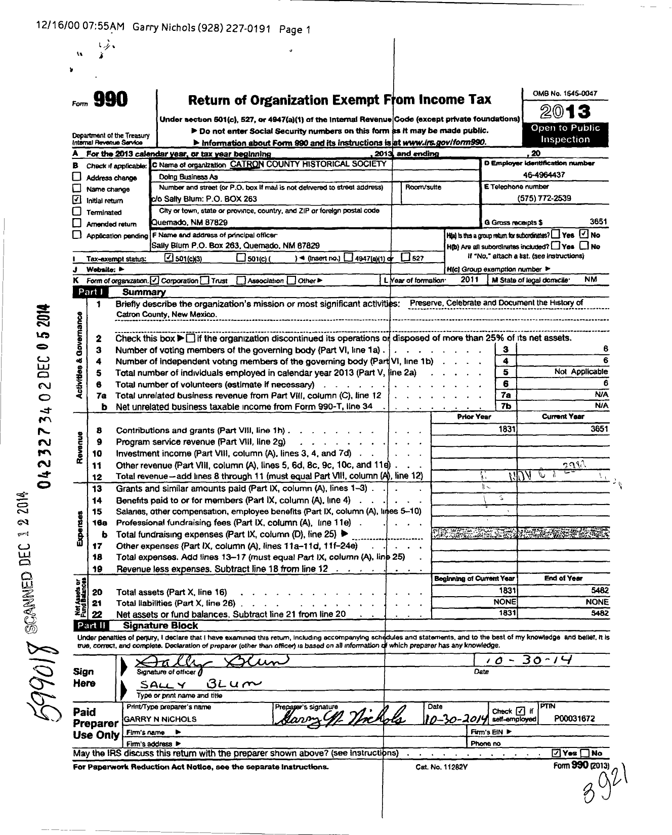 Image of first page of 2013 Form 990 for Catron County Historical Society