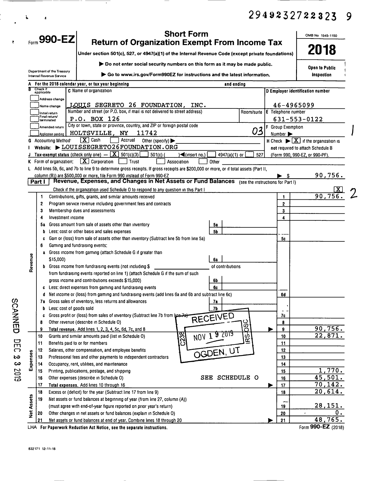 Image of first page of 2018 Form 990EZ for Louis Segreto 26 Foundation