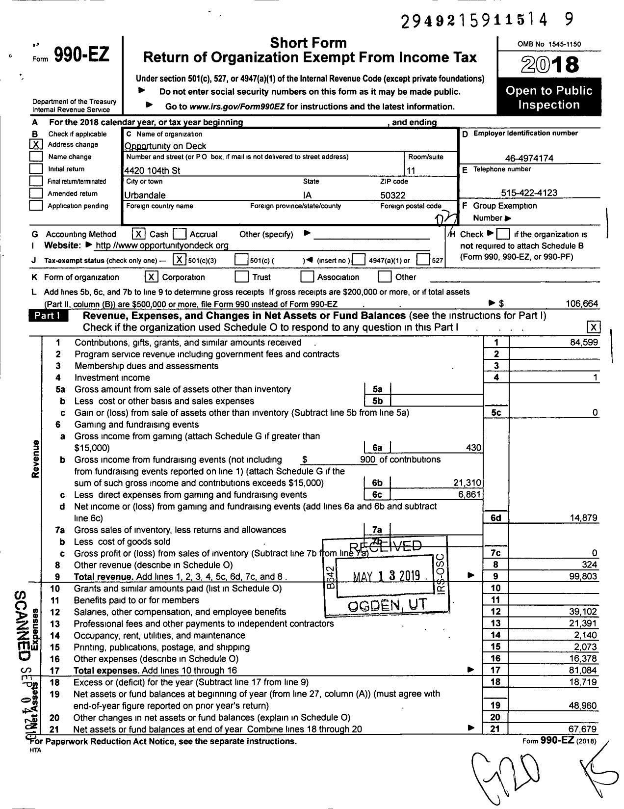 Image of first page of 2018 Form 990EZ for Opportunity on Deck