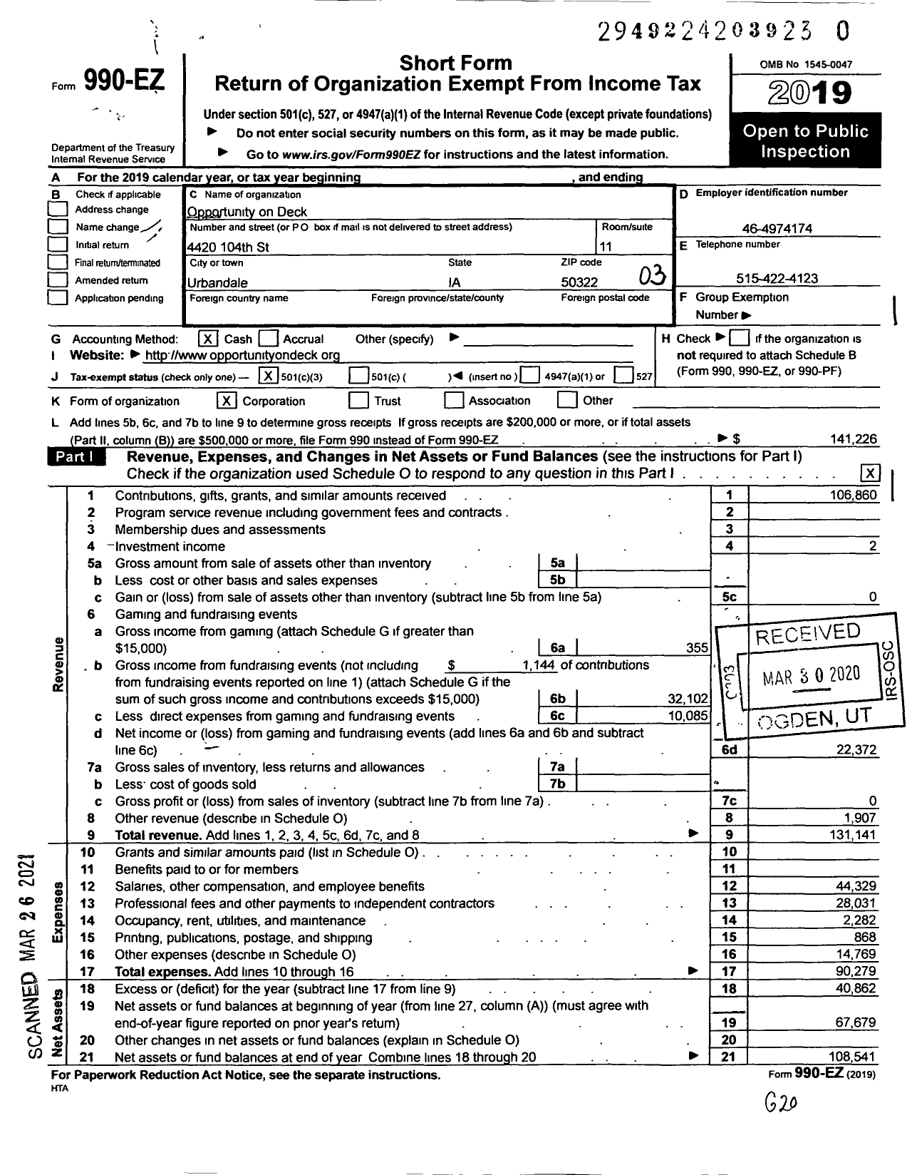 Image of first page of 2019 Form 990EZ for Opportunity on Deck