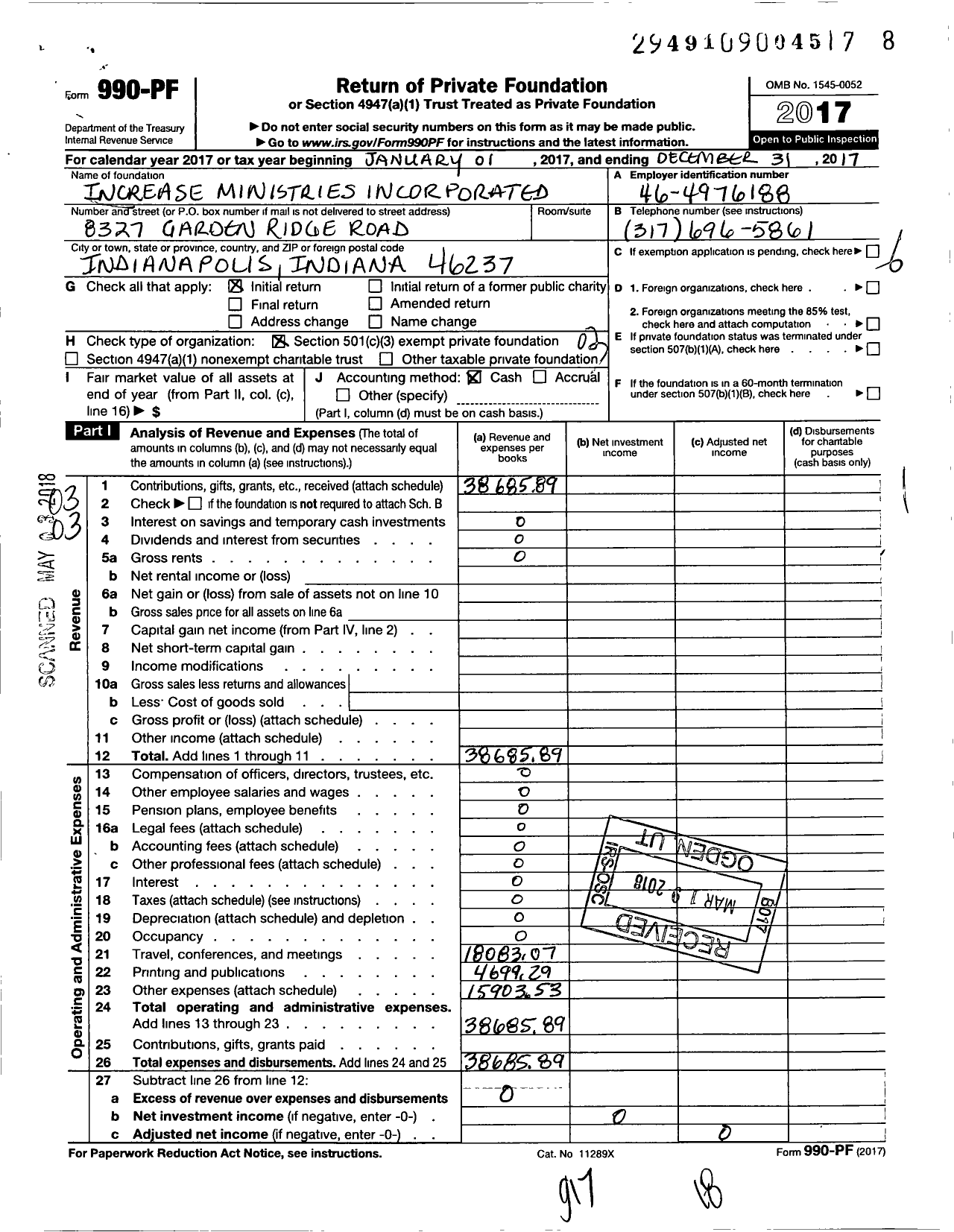 Image of first page of 2017 Form 990PF for Increase Ministries