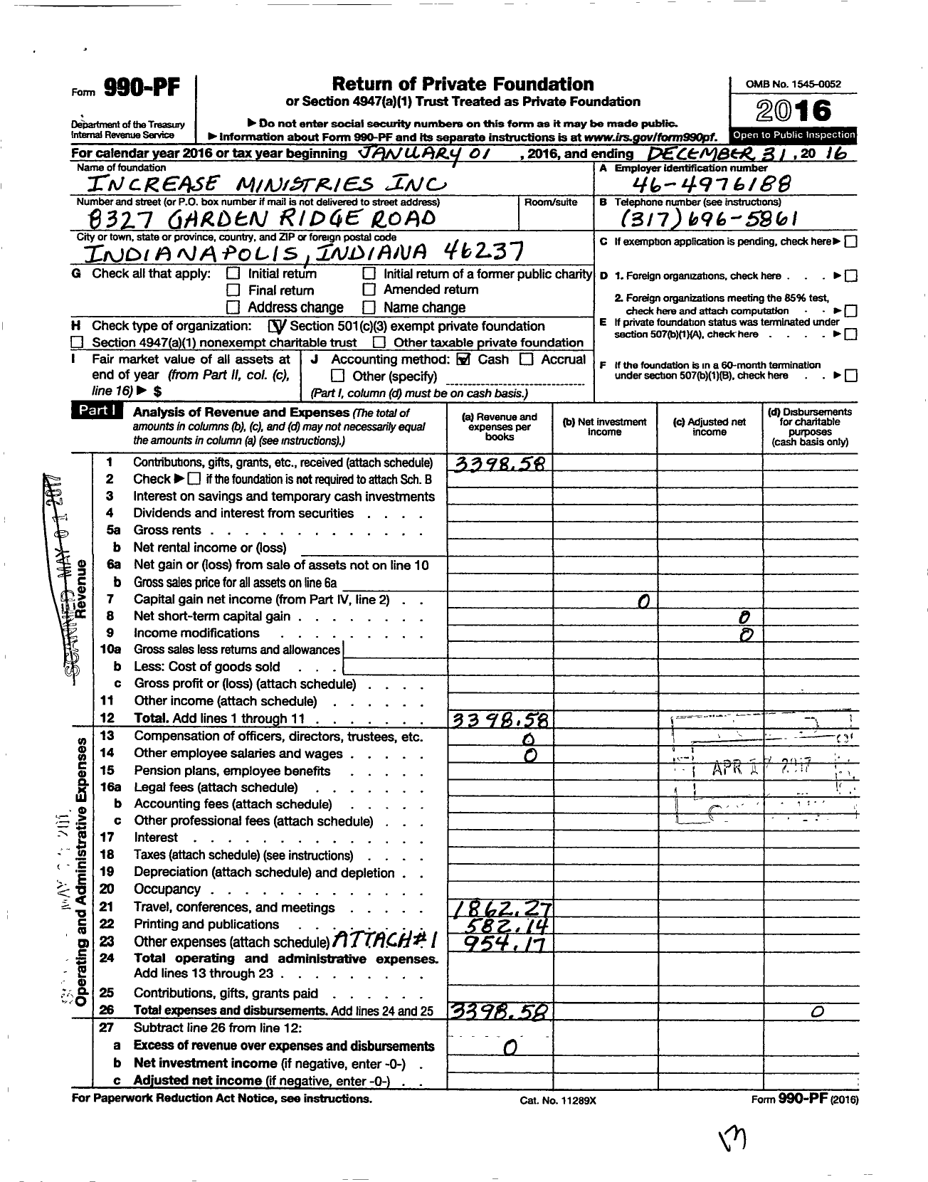 Image of first page of 2016 Form 990PF for Increase Ministries