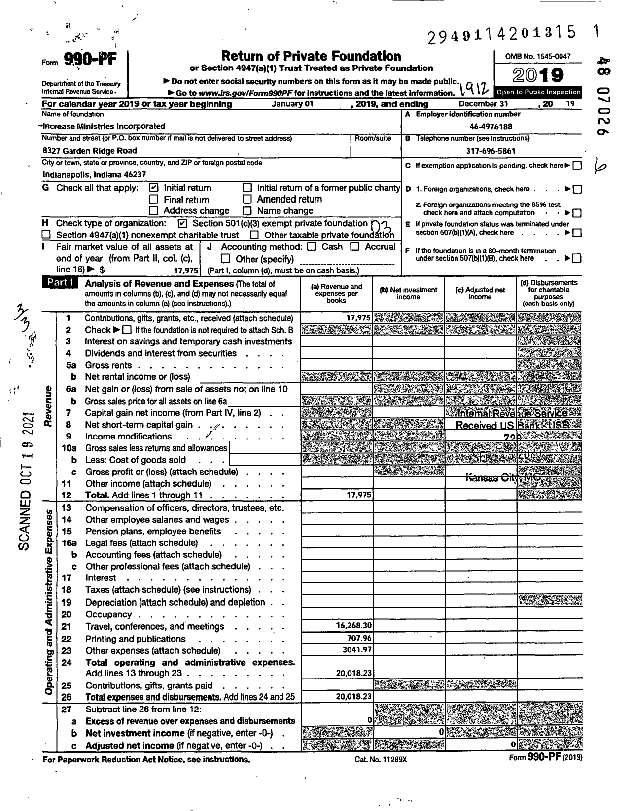 Image of first page of 2019 Form 990PF for Increase Ministries