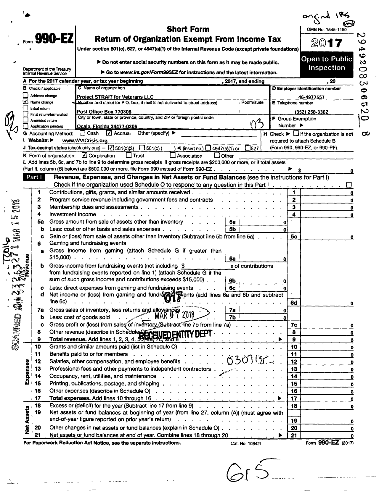 Image of first page of 2017 Form 990EZ for Project STRAIT for Veterans LLC Women Veterans In Crisis