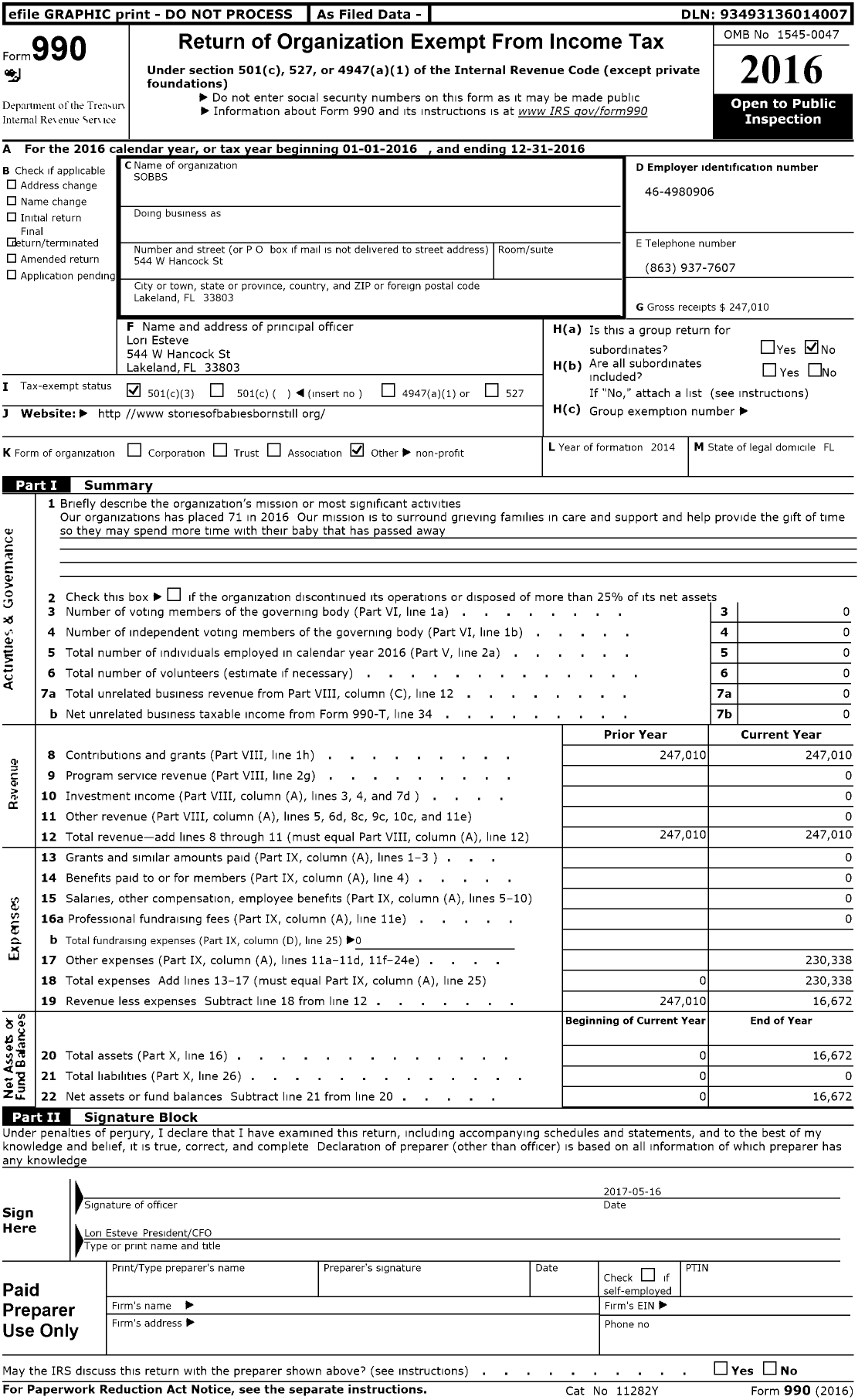 Image of first page of 2016 Form 990 for Sobbs