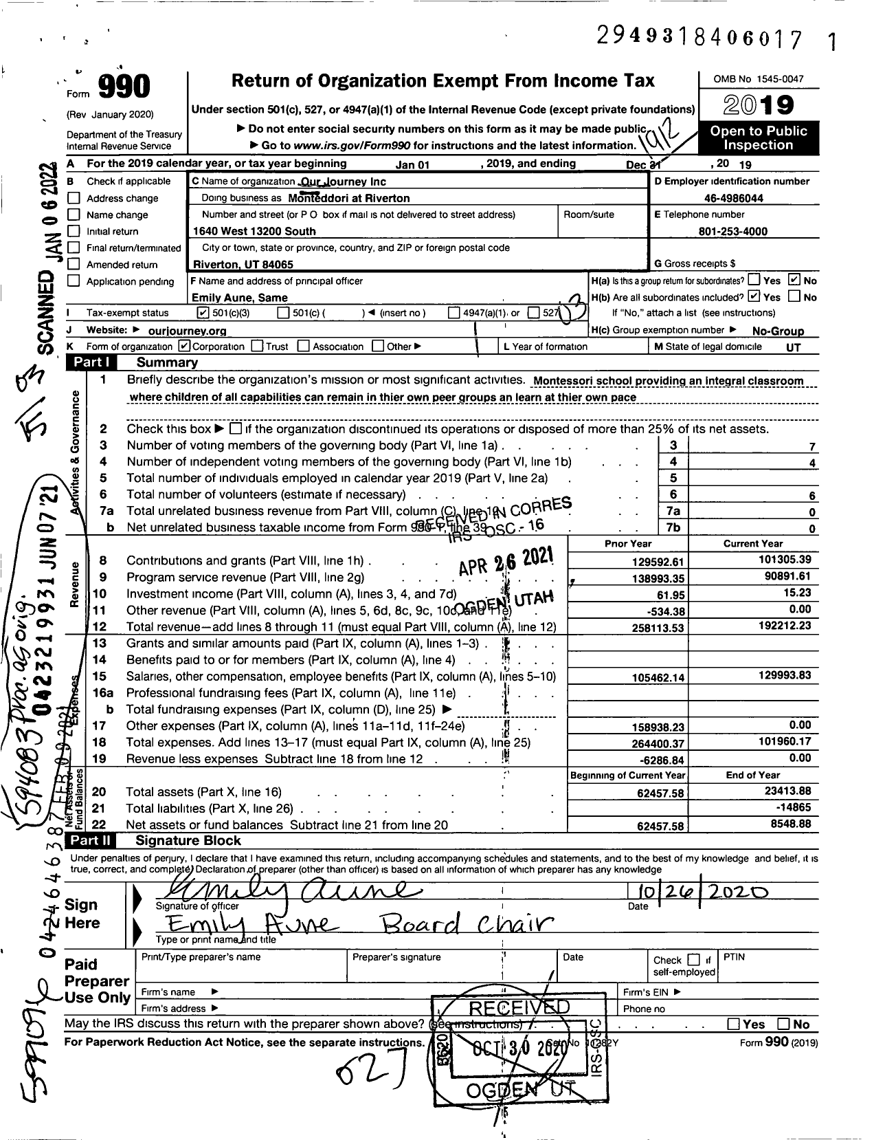 Image of first page of 2019 Form 990 for Our Journey / Montessori at Riverton