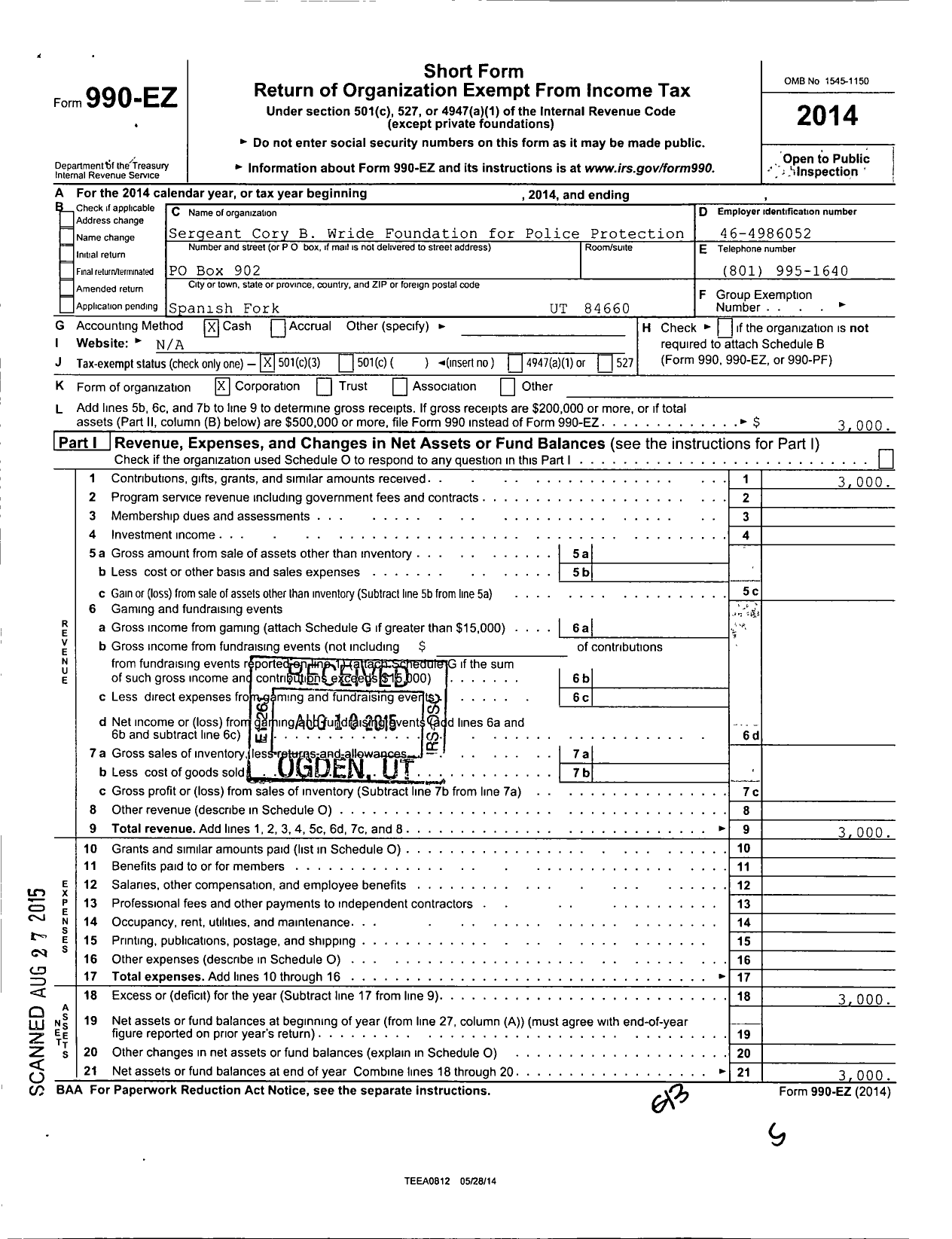 Image of first page of 2014 Form 990EZ for Sergeant Cory Wride Foundation for Police Protection