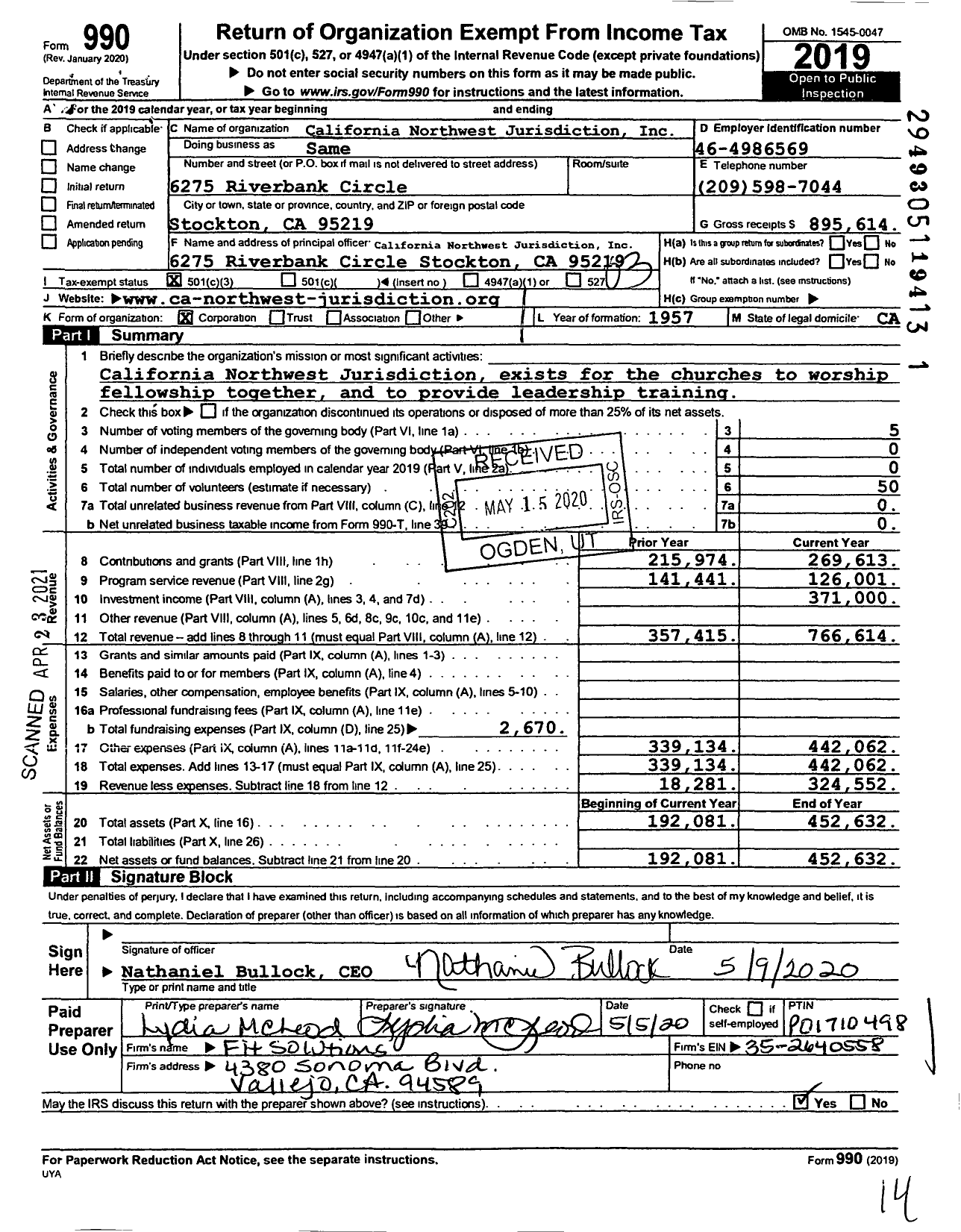 Image of first page of 2019 Form 990 for California Northwest Jurisdiction