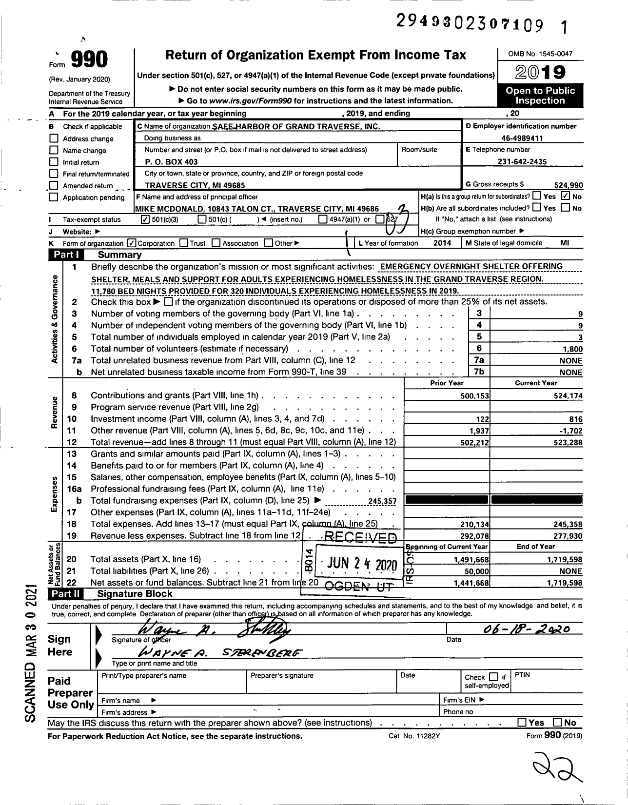 Image of first page of 2019 Form 990 for Safe Harbor of Grand Traverse