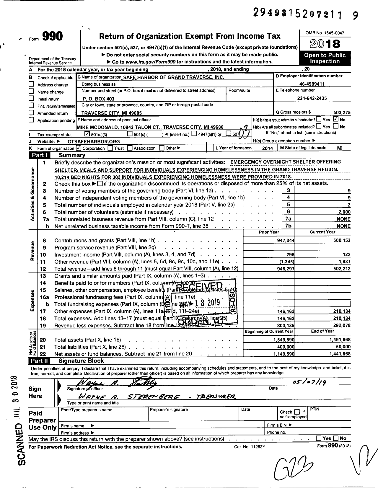 Image of first page of 2018 Form 990 for Safe Harbor of Grand Traverse