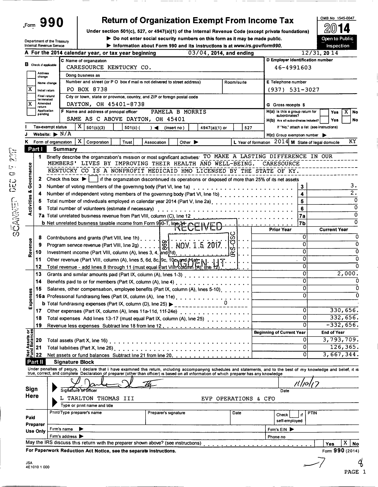 Image of first page of 2014 Form 990 for CareSource Kentucky Co