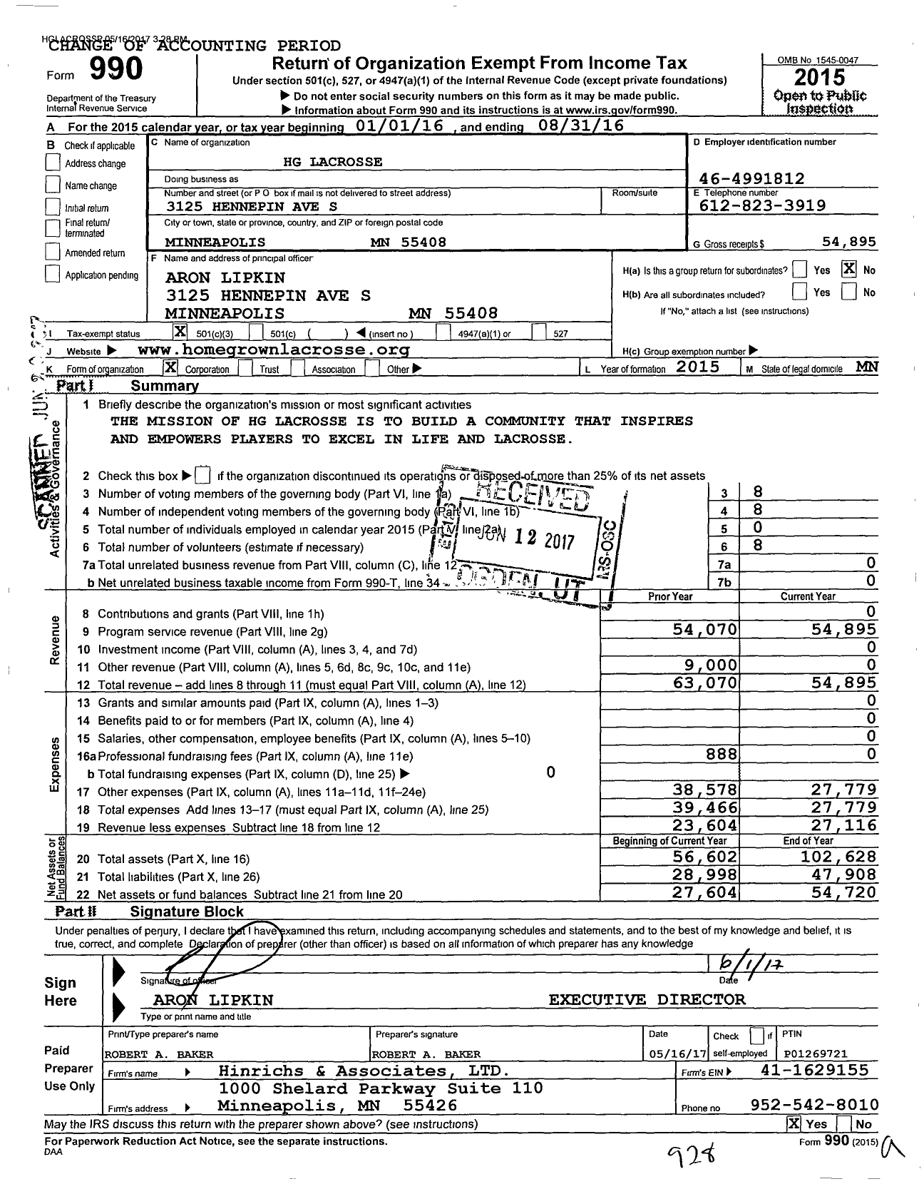 Image of first page of 2015 Form 990 for HG Lacrosse