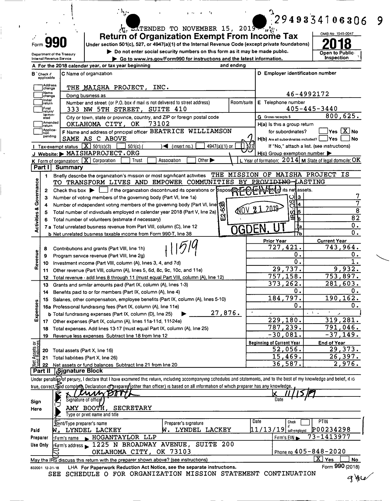 Image of first page of 2018 Form 990 for The Maisha Project