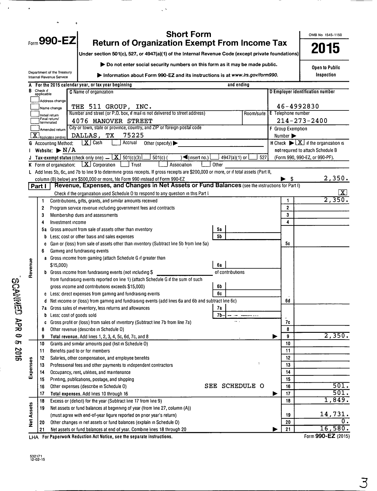 Image of first page of 2015 Form 990EZ for 511 Group