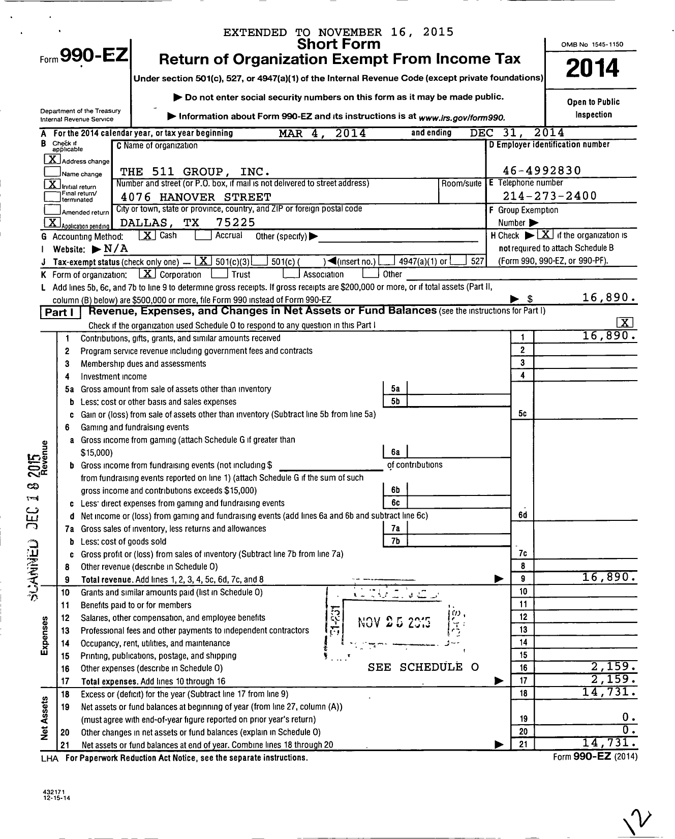 Image of first page of 2014 Form 990EZ for 511 Group