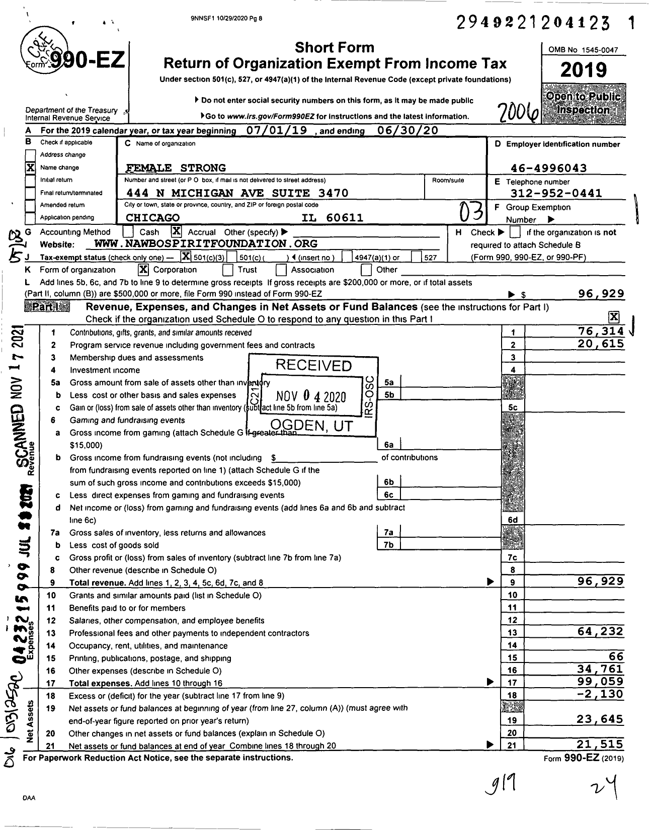 Image of first page of 2019 Form 990EZ for Female Strong