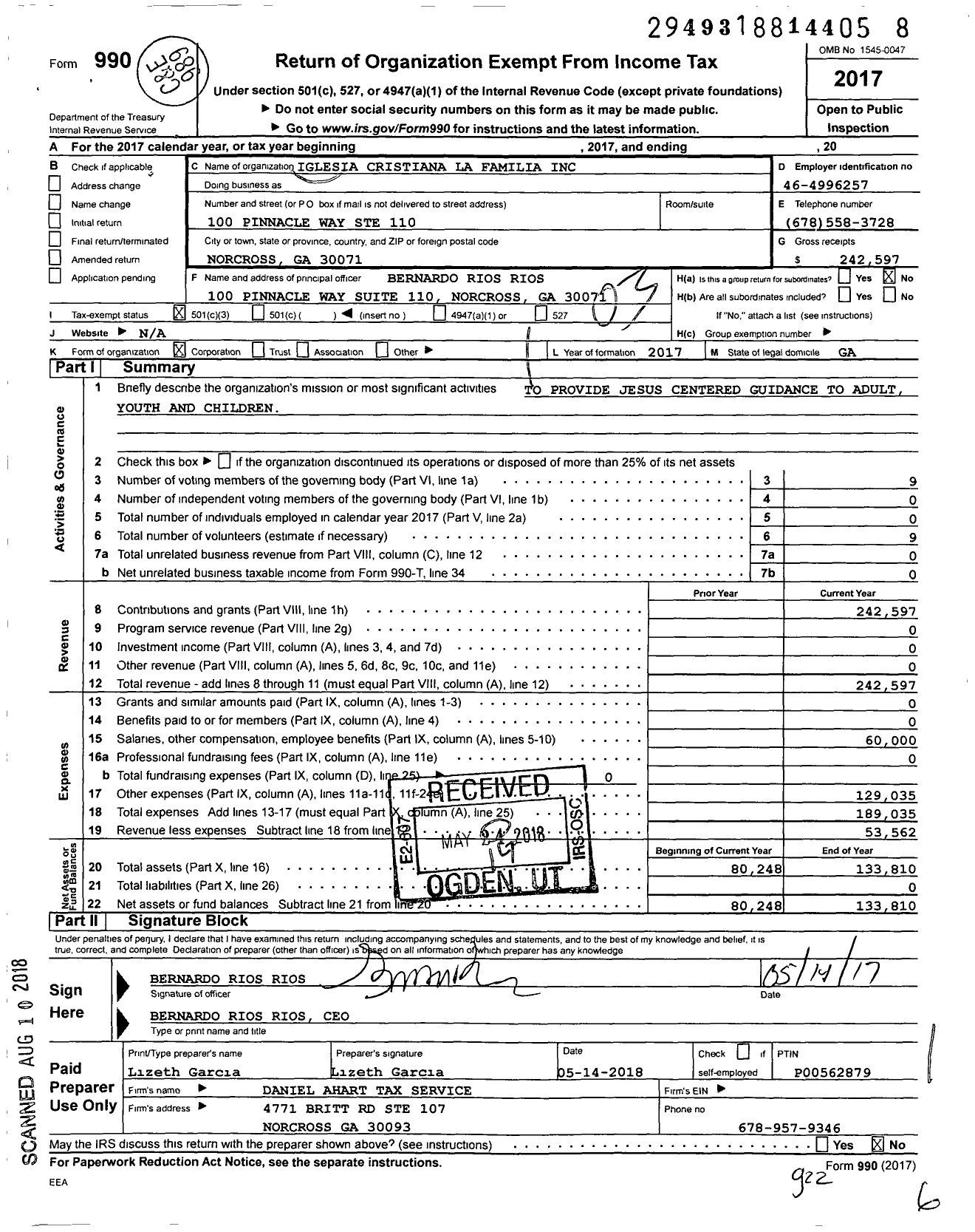 Image of first page of 2017 Form 990 for Iglesia Cristiana La Familia