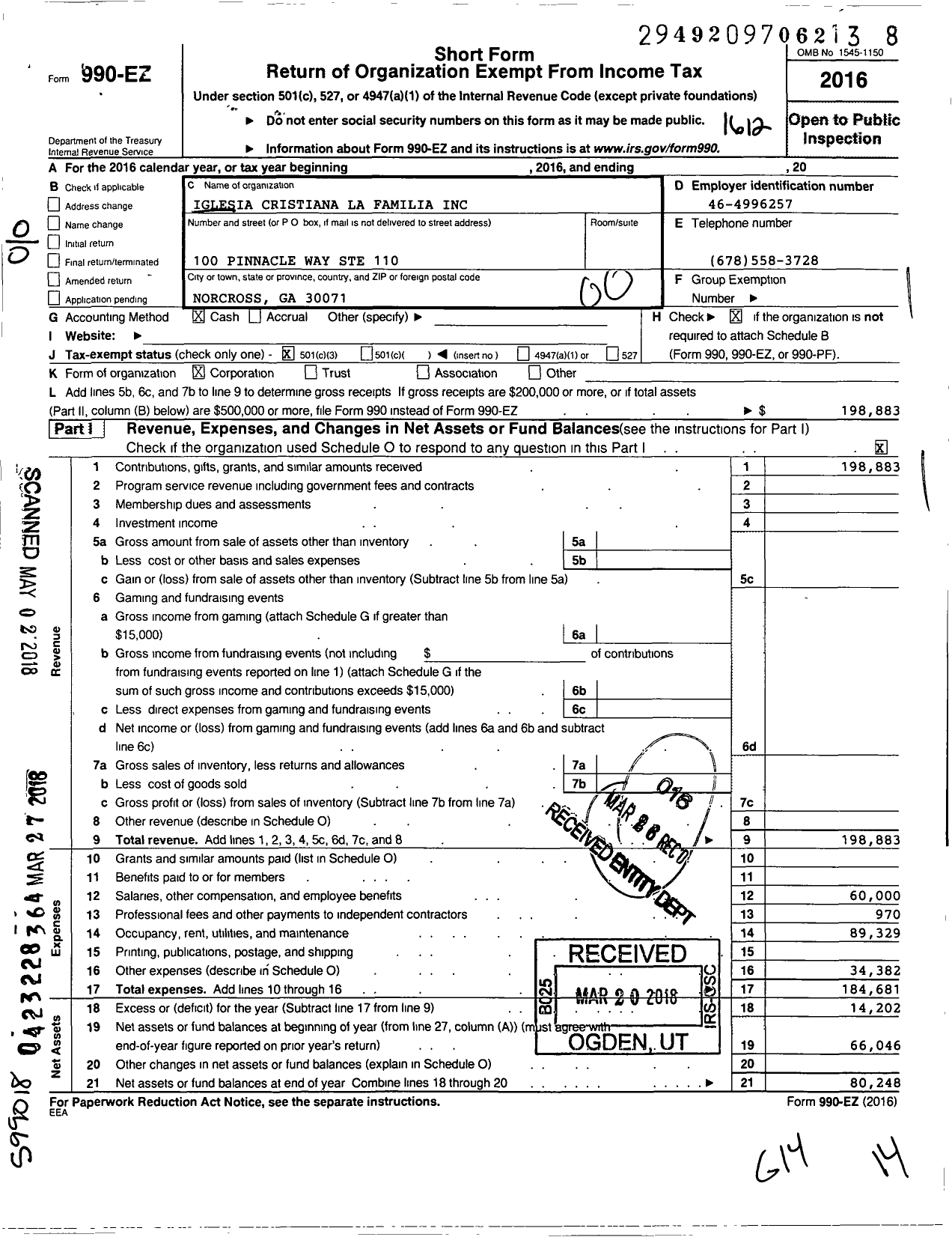 Image of first page of 2016 Form 990EO for Iglesia Cristiana La Familia