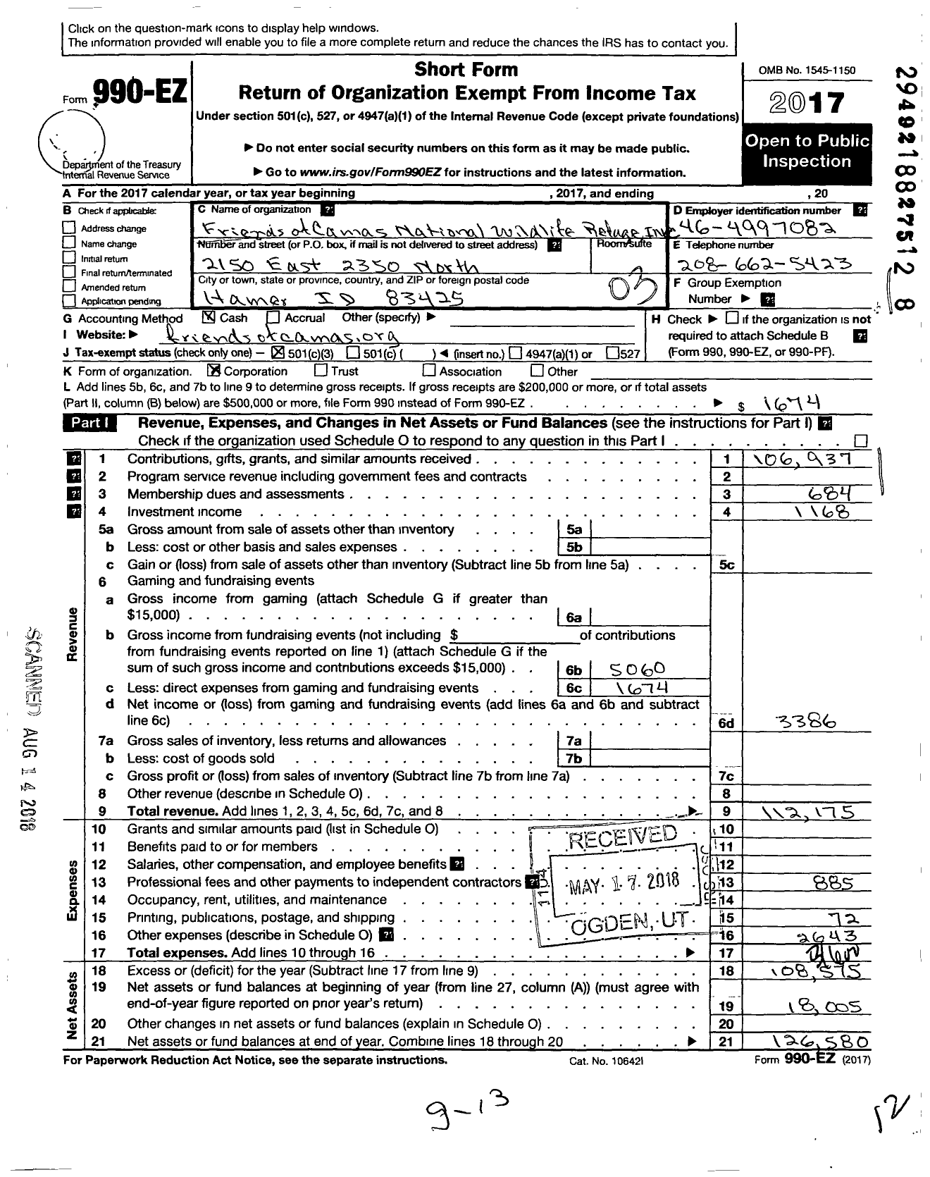 Image of first page of 2017 Form 990EZ for Friends of Camas National Wildlife Refuge