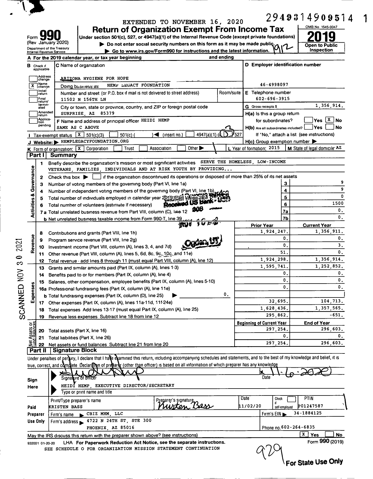 Image of first page of 2019 Form 990 for Hemp Legacy Foundation