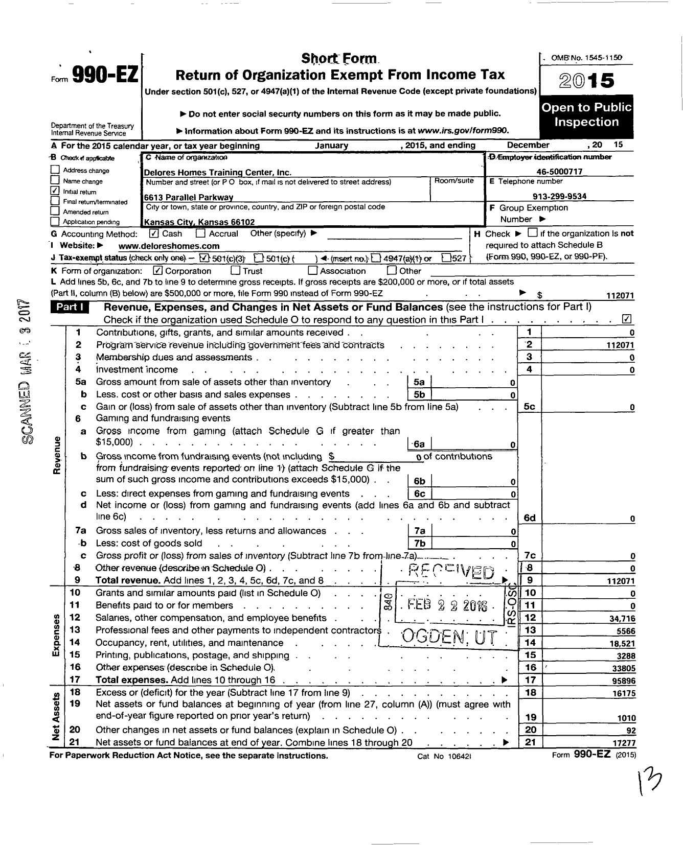 Image of first page of 2015 Form 990EZ for Delores Homes Training Center